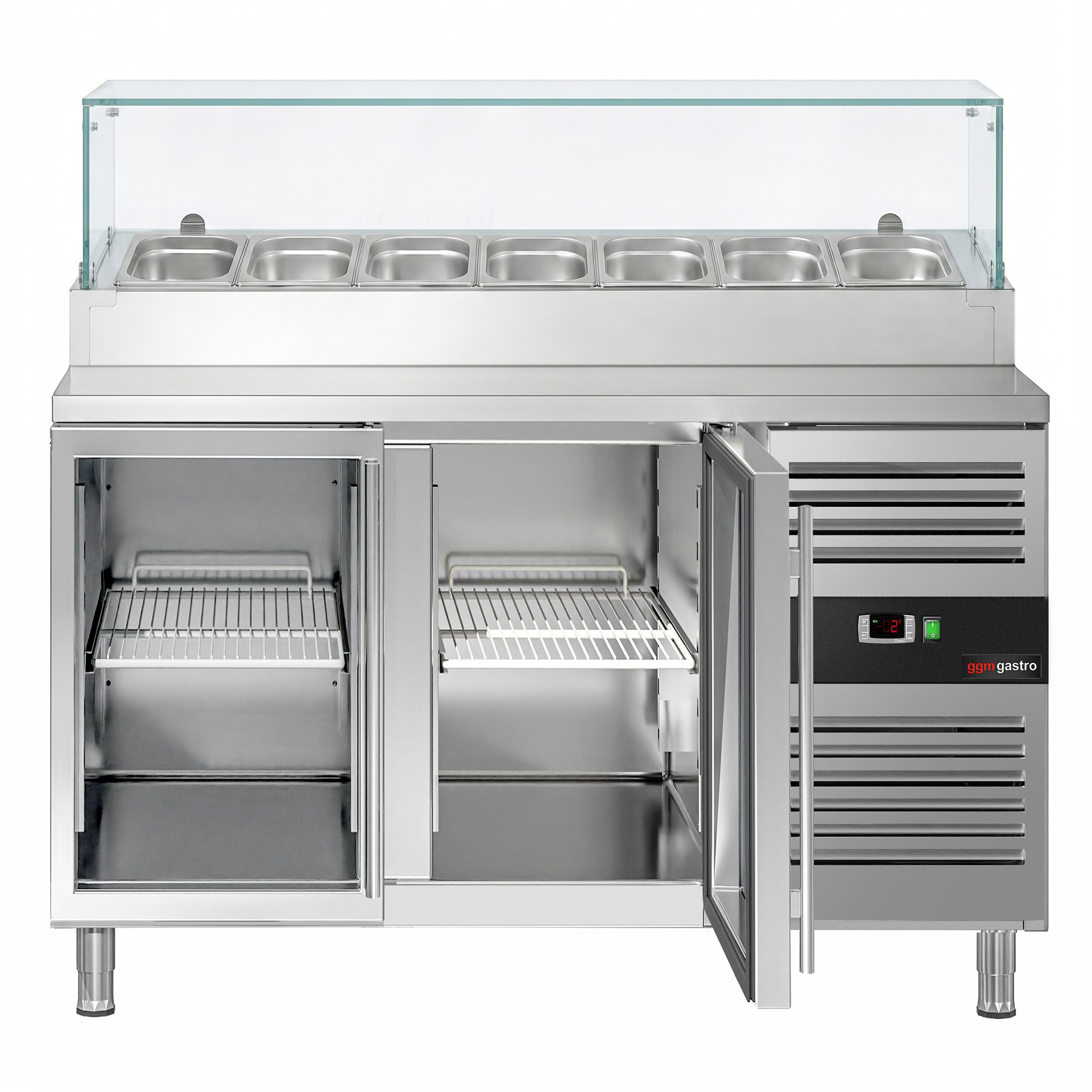 Zubereitungstisch PREMIUM - 1360mm - 2 Glastüren - mit Glasaufsatz - für 7x GN 1/3