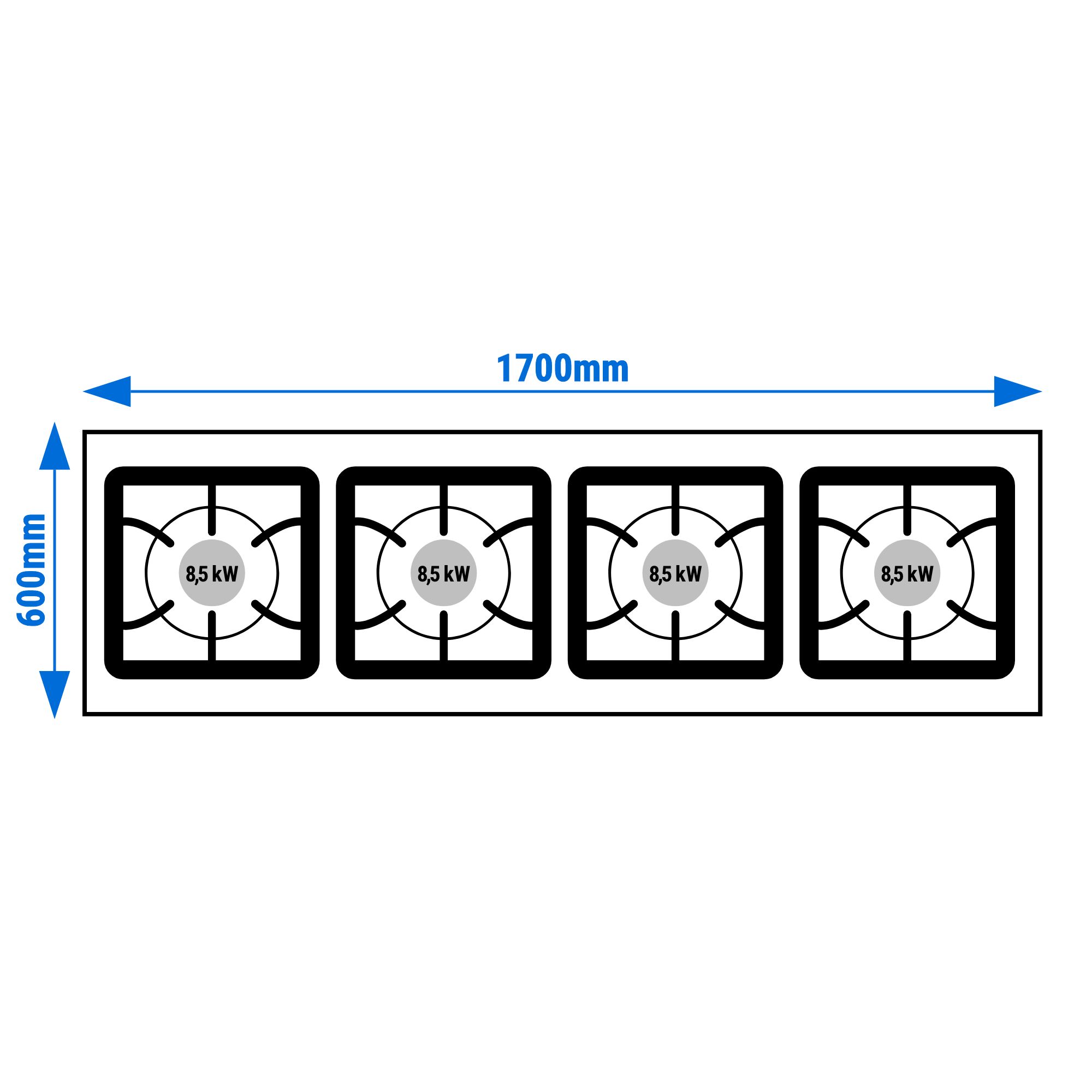 Fourneau à gaz – 34 kW – 4 brûleurs – ouvert avec socle de base & tiroir de récupération