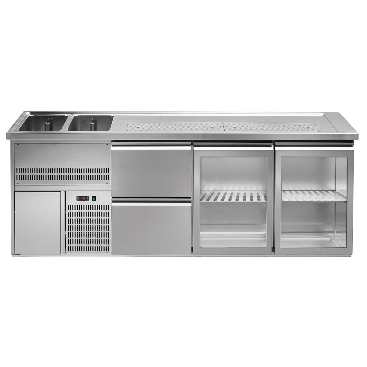 Comptoir de bar réfrigéré Premium PLUS - 2500x700mm - 2 portes vitrées & 2 tiroirs