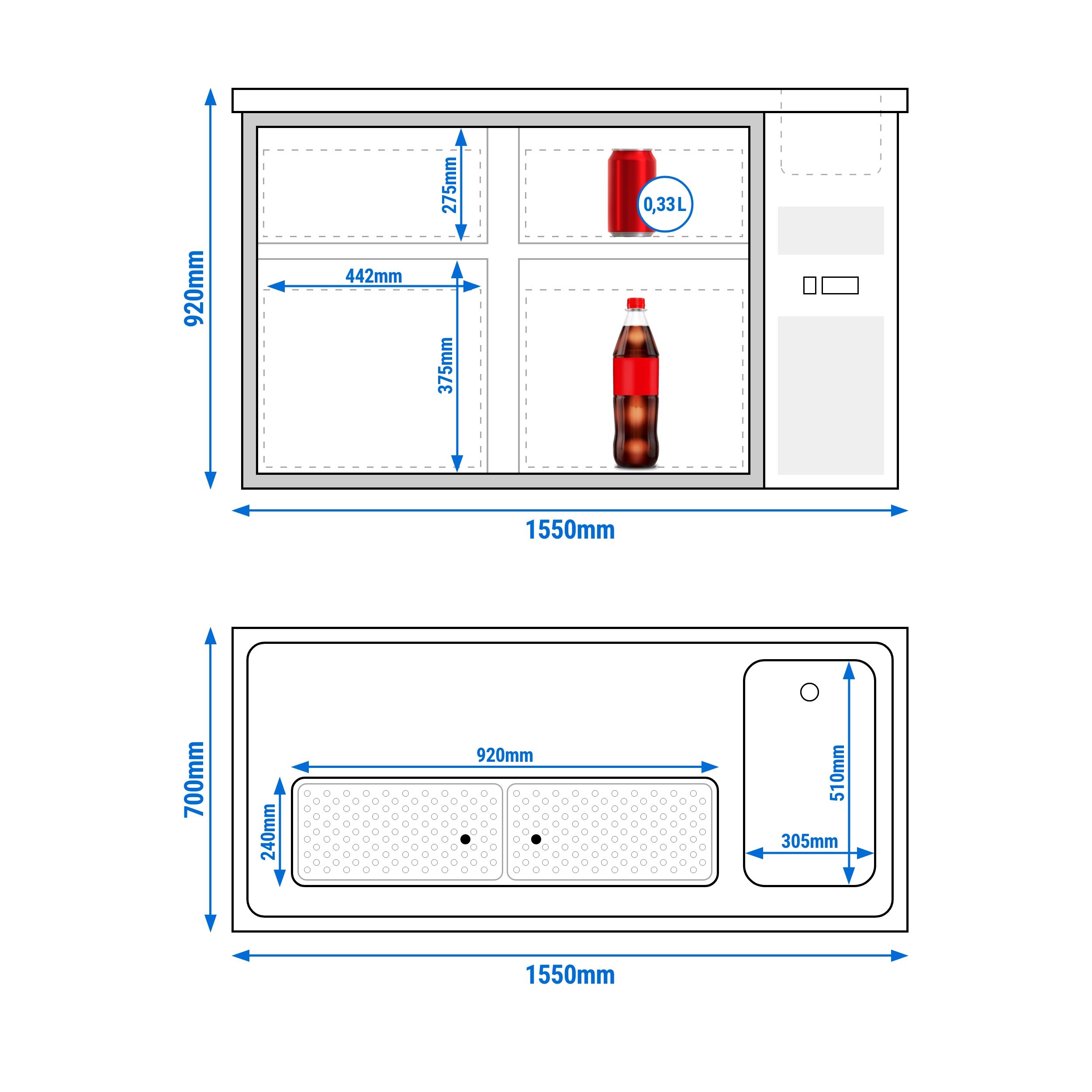Comptoir de bar réfrigéré Premium PLUS – 1550 × 700 mm – 4 tiroirs