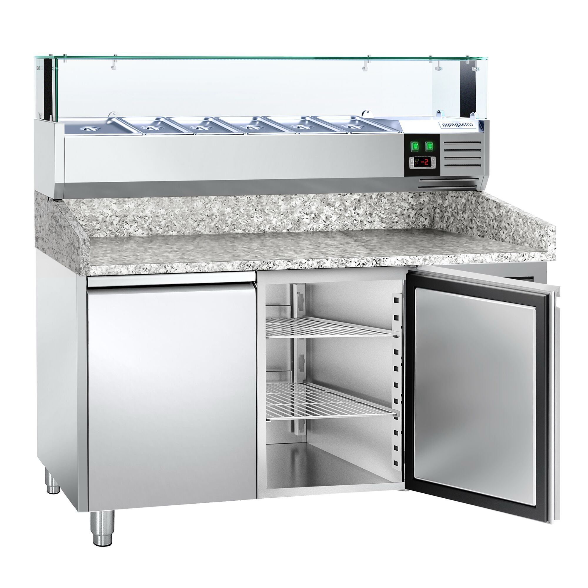 Table réfrigérée pour pizza PREMIUM - 1500 x 800 mm - avec 2 portes - incl. vitrine réfrigérée avec LED - 5 x GN 1/3 + 1 x GN 1/2