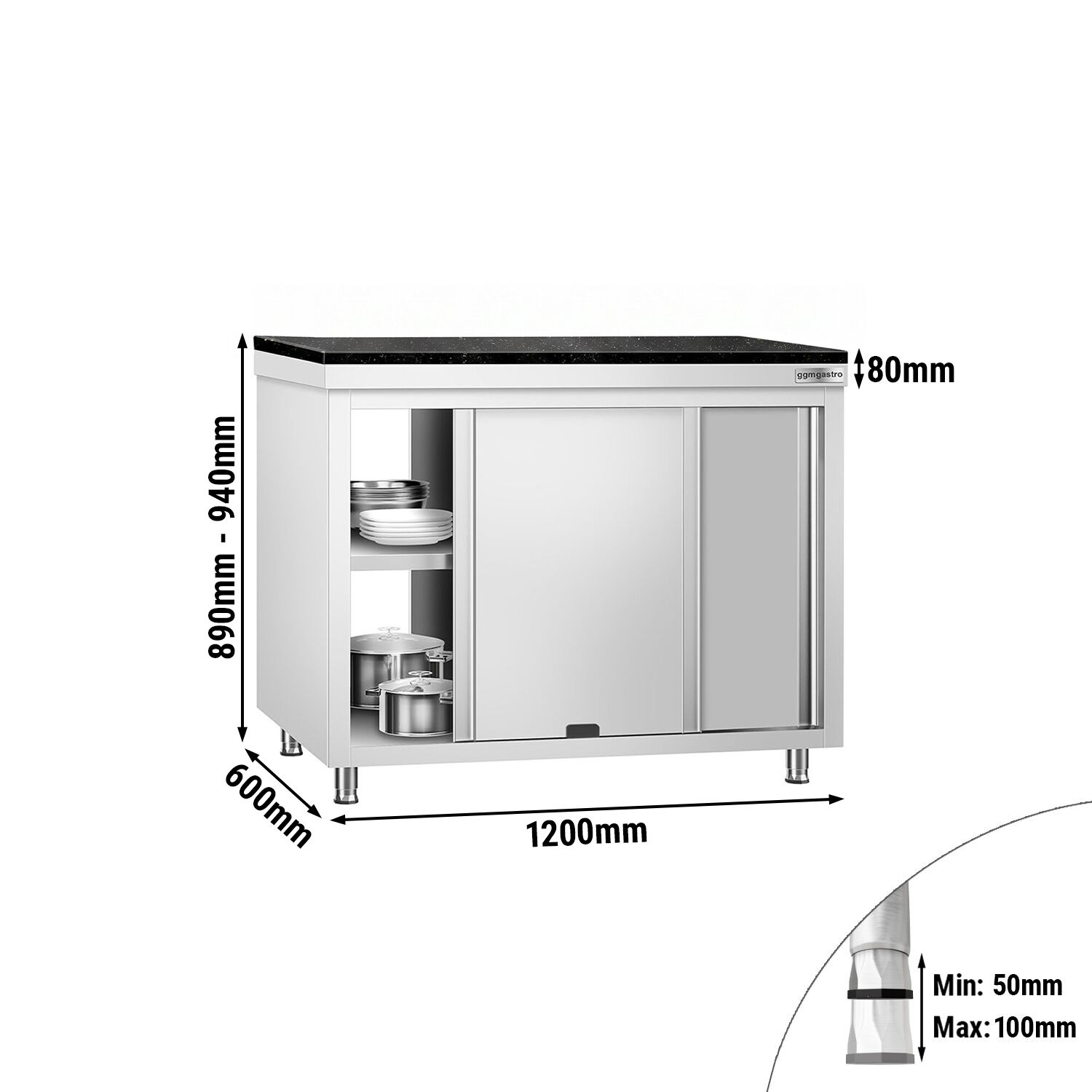 Roestvrijstalen werkkast PREMIUM - 1200 x 600 mm - met doorgeefluik - incl. granieten werkblad