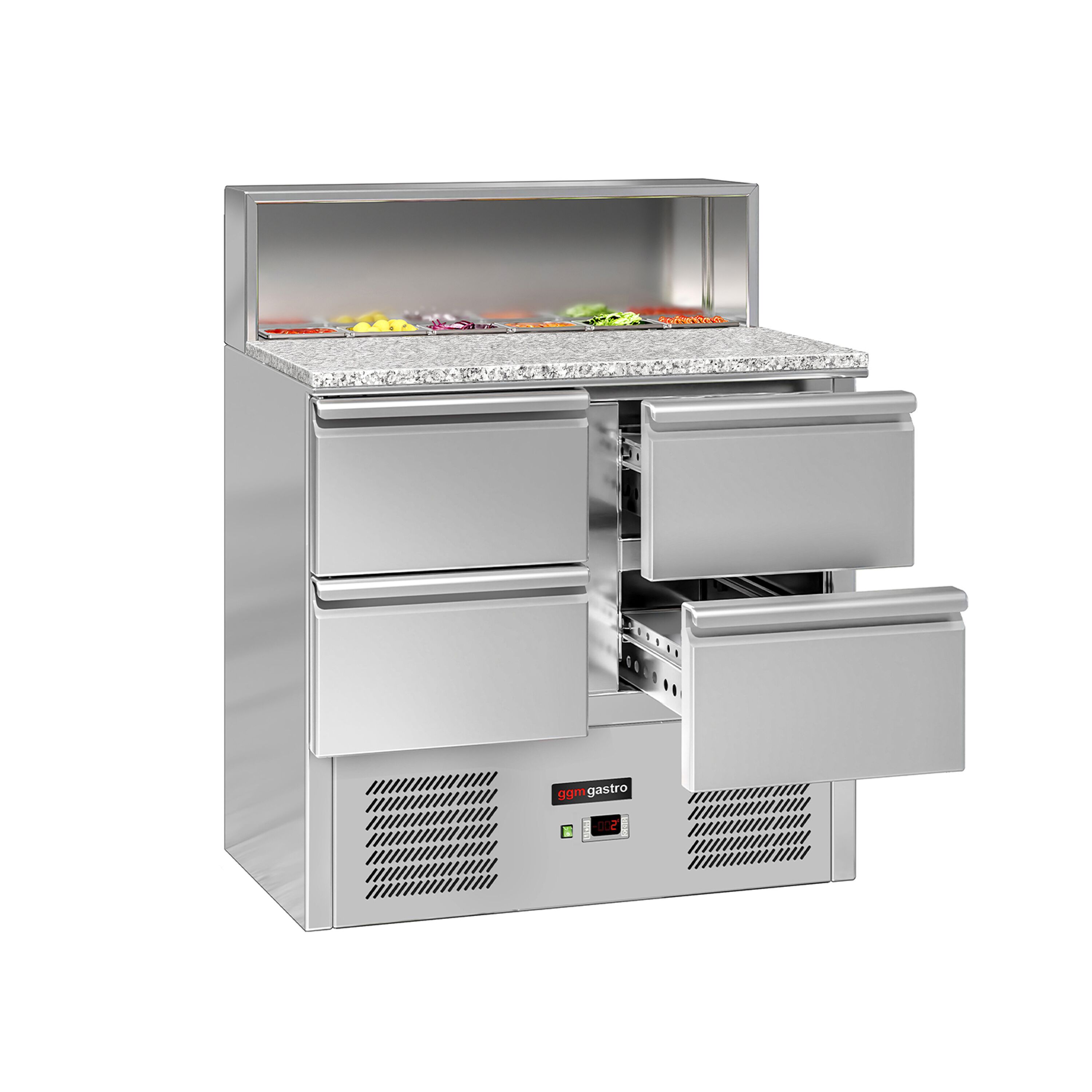Saladette réfrigérée ECO - 903mm - 240L - façade noire - 4 tiroirs - avec découpe pour 5x GN 1/6 & Couvercle inox - plan de travail en granit noir