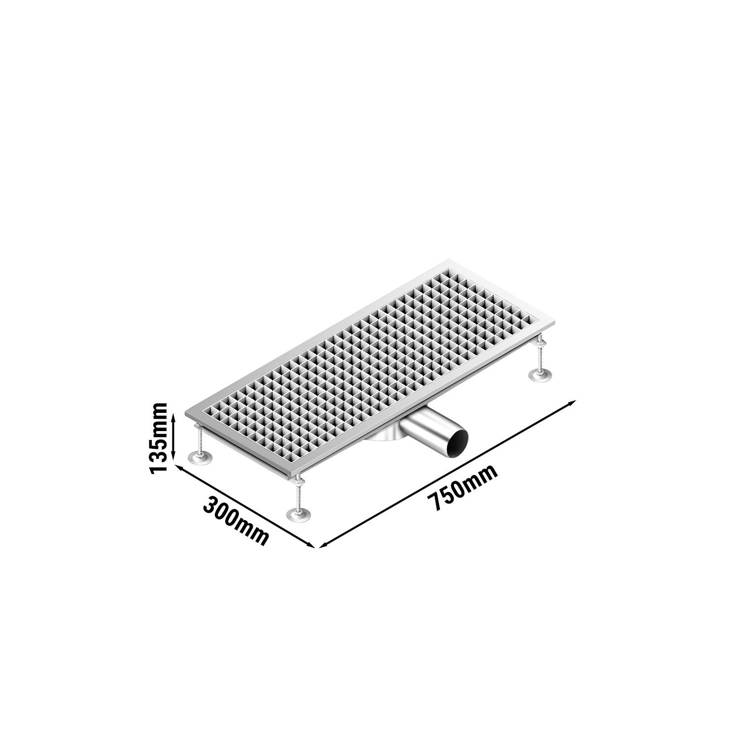 Caniveau de sol en acier inoxydable - 750x300mm - sortie horizontale Ø70mm - avec caillebotis