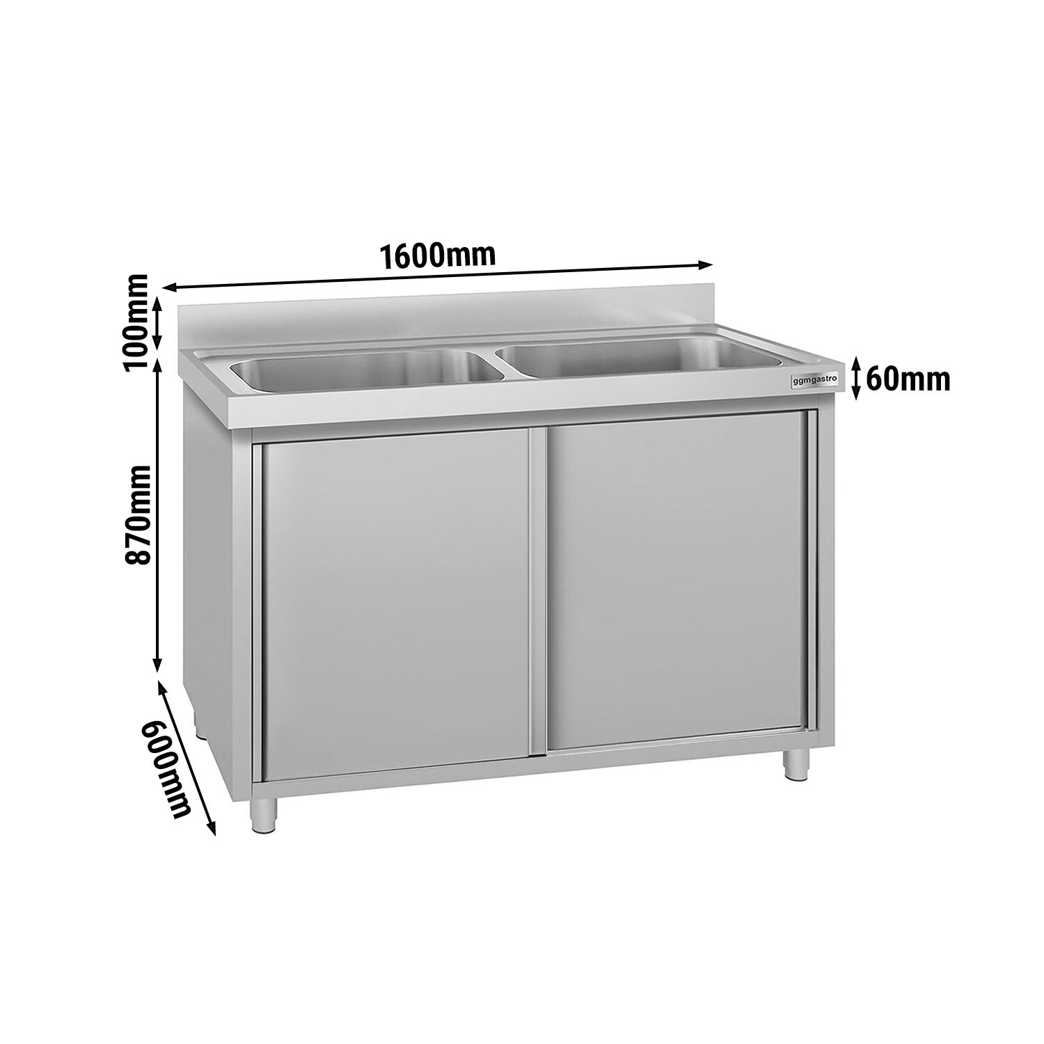 ECO pot washing cabinet – 1600 x 600 mm – with 2 basins