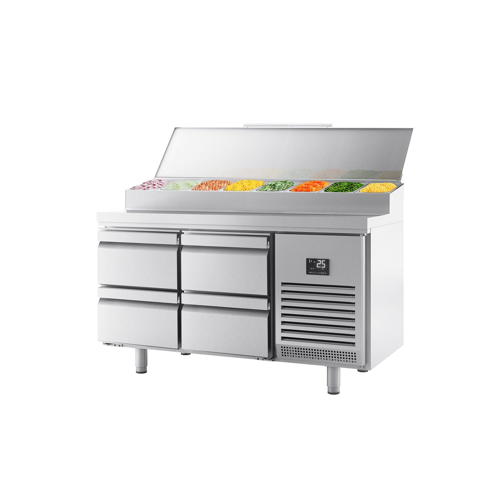 Table réfrigérée de préparation - 1468 x 600 mm - avec 4 tiroirs - avec superstructure en inox 8 x GN 1/4