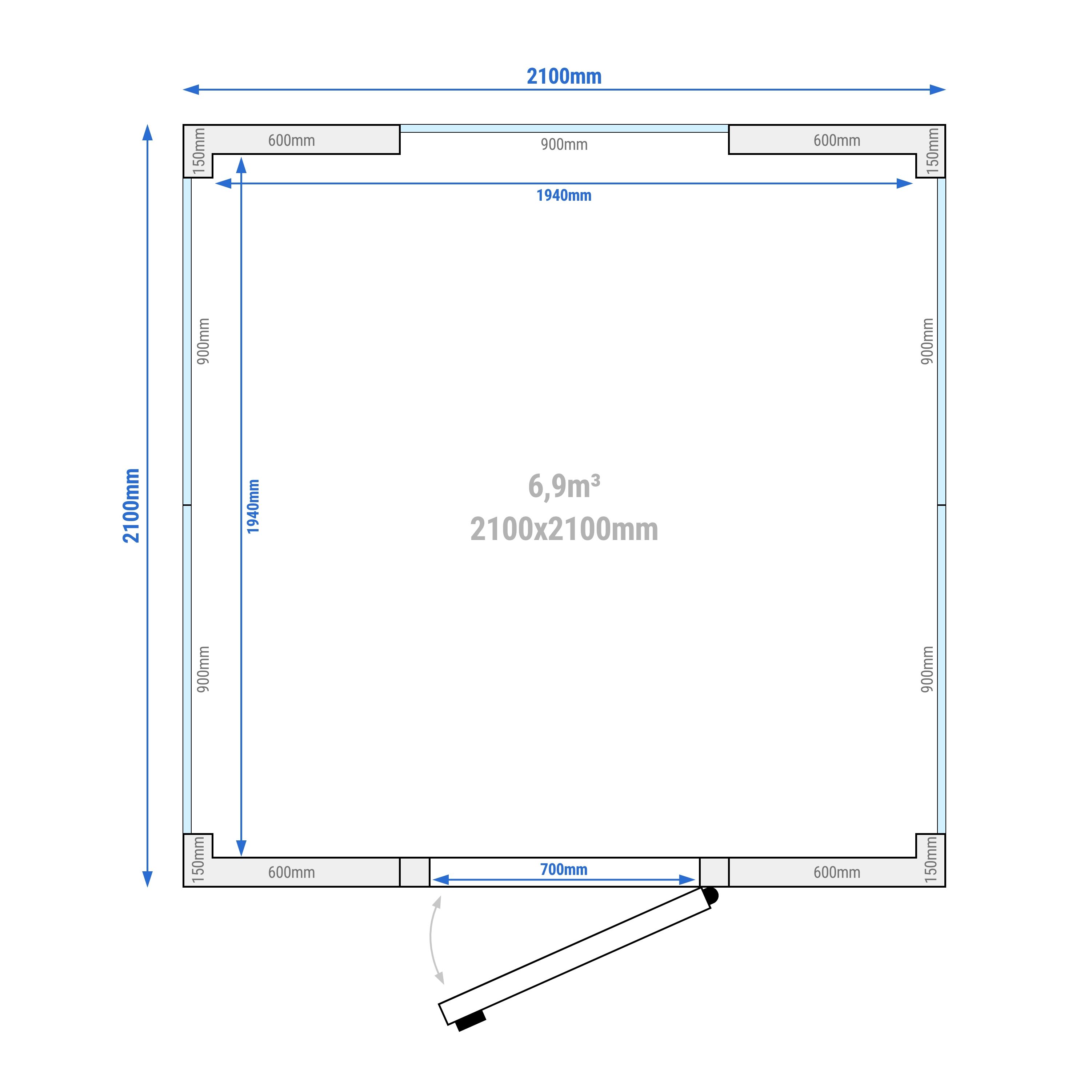 Chambre froide - 2100 x 2100 mm - 6,9 m³ - avec 3 côtés en verre