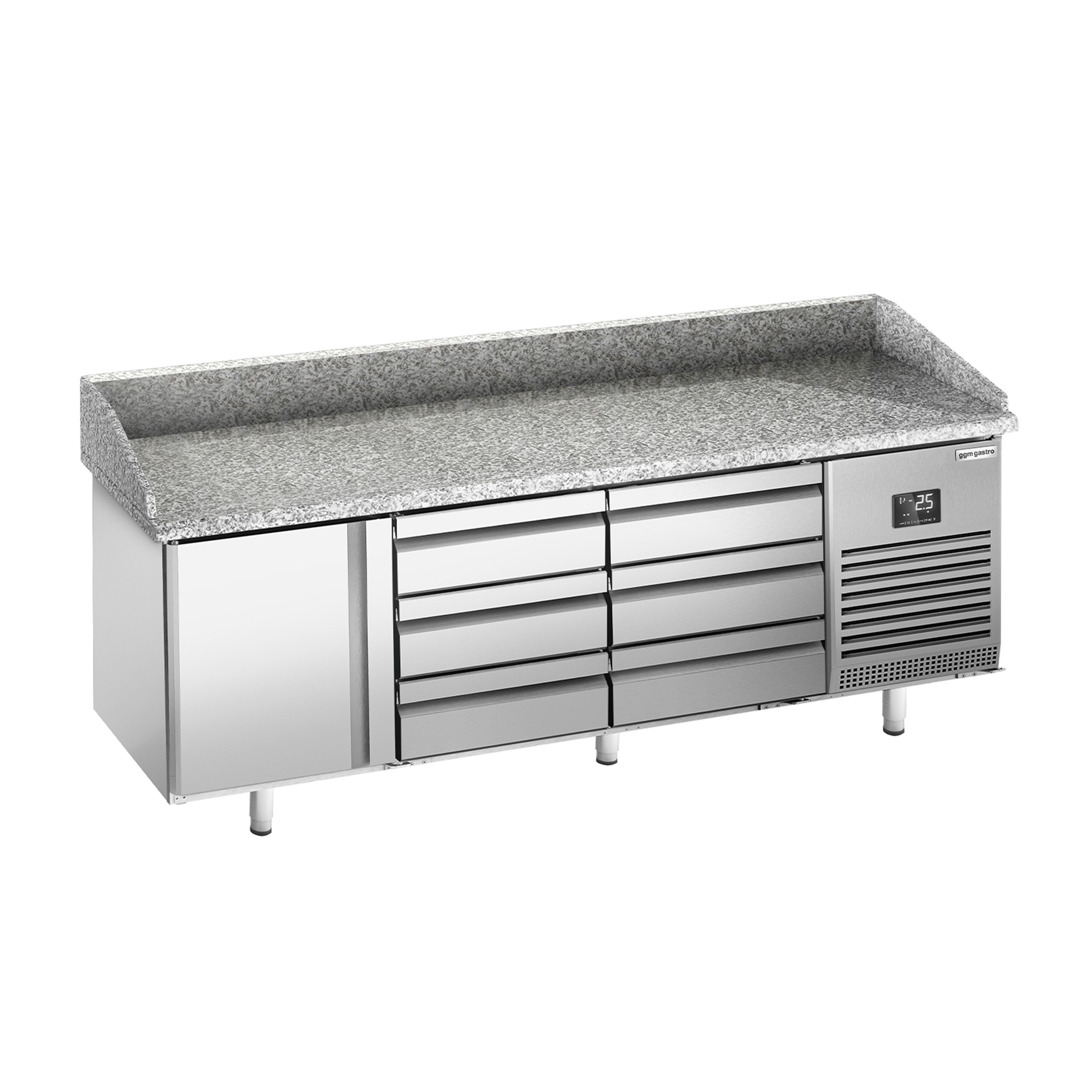 Commercial Pizza Prep Counter - Granite Top PREMIUM PLUS - 1980x700mm - with 1 doors & 6 drawers - incl. refrigerated topping unit - 11x GN 1/4