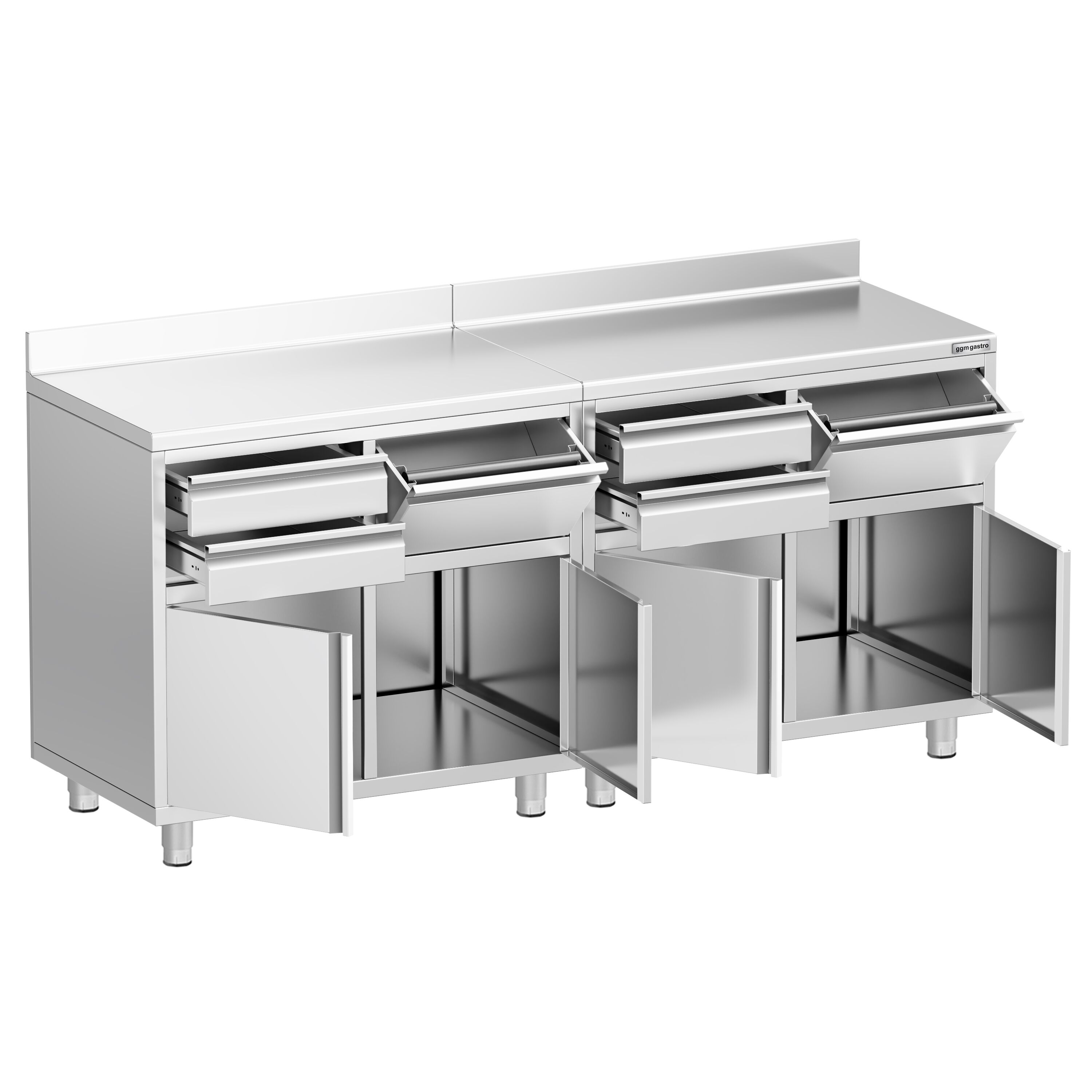 Armário de trabalho - para máquina de café - 2000x600mm - com 4 gavetas, 2 portas de batente e 2 gavetas para borras de café - com aba traseira 100mm