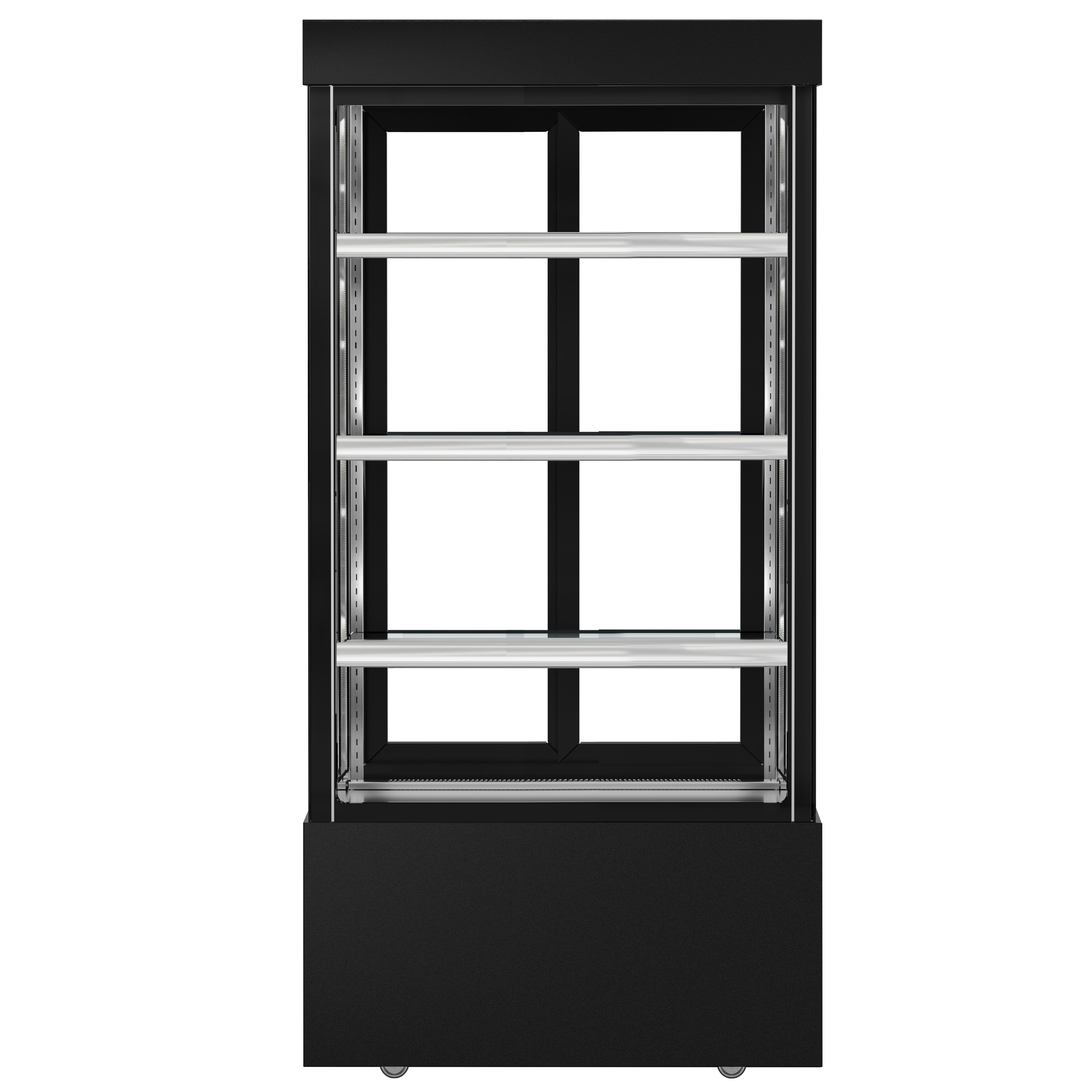 Vitrine réfrigérée 4 faces vitrées MADRID - 850L - 1000mm - Double vitrage - avec 3 étagères en verre - portes coulissantes vitrées arrière - Noir mat