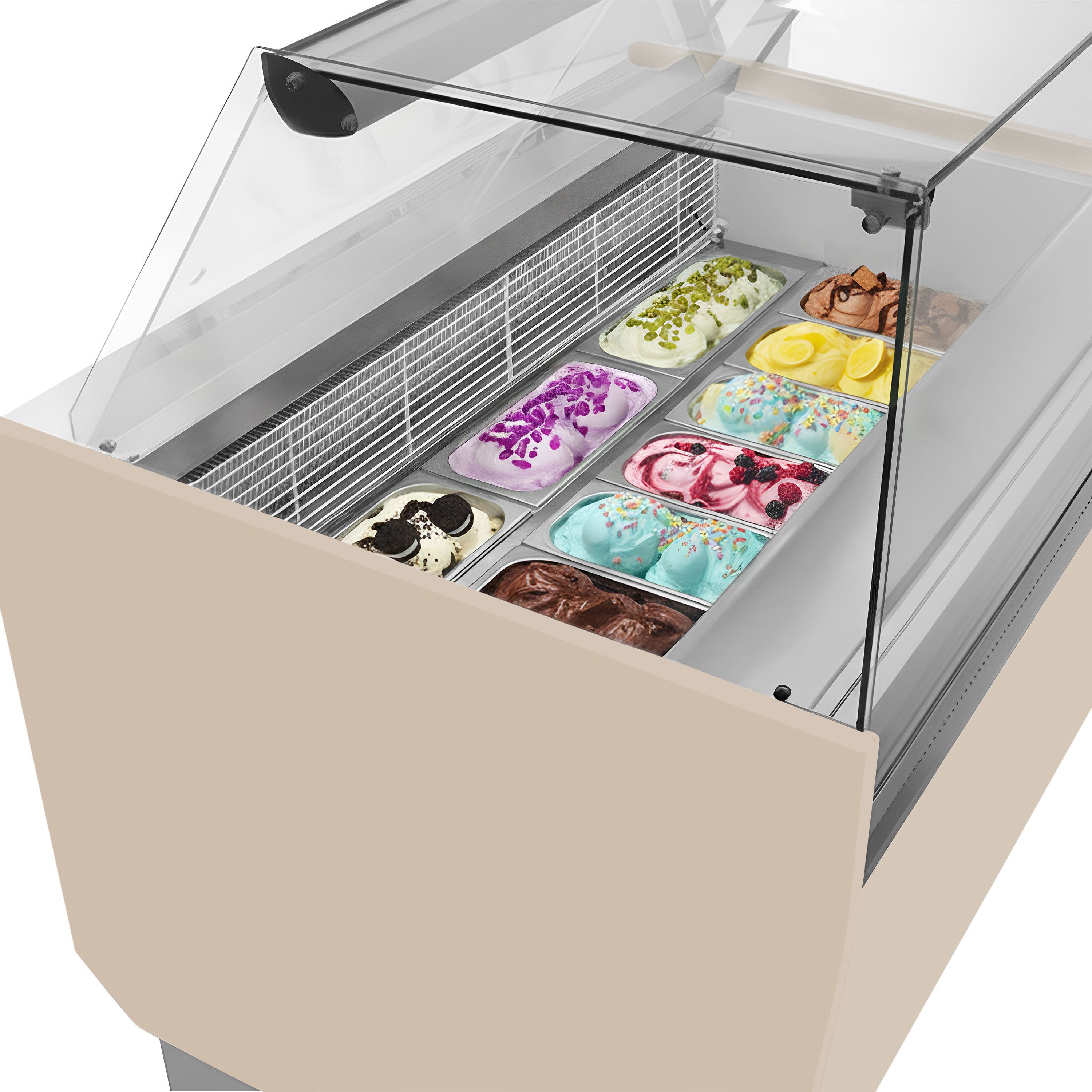 Vitrine à glace LIAM – 1310 mm – refroidissement statique – pour 10+10 bacs à glace de 5 litres – Beige