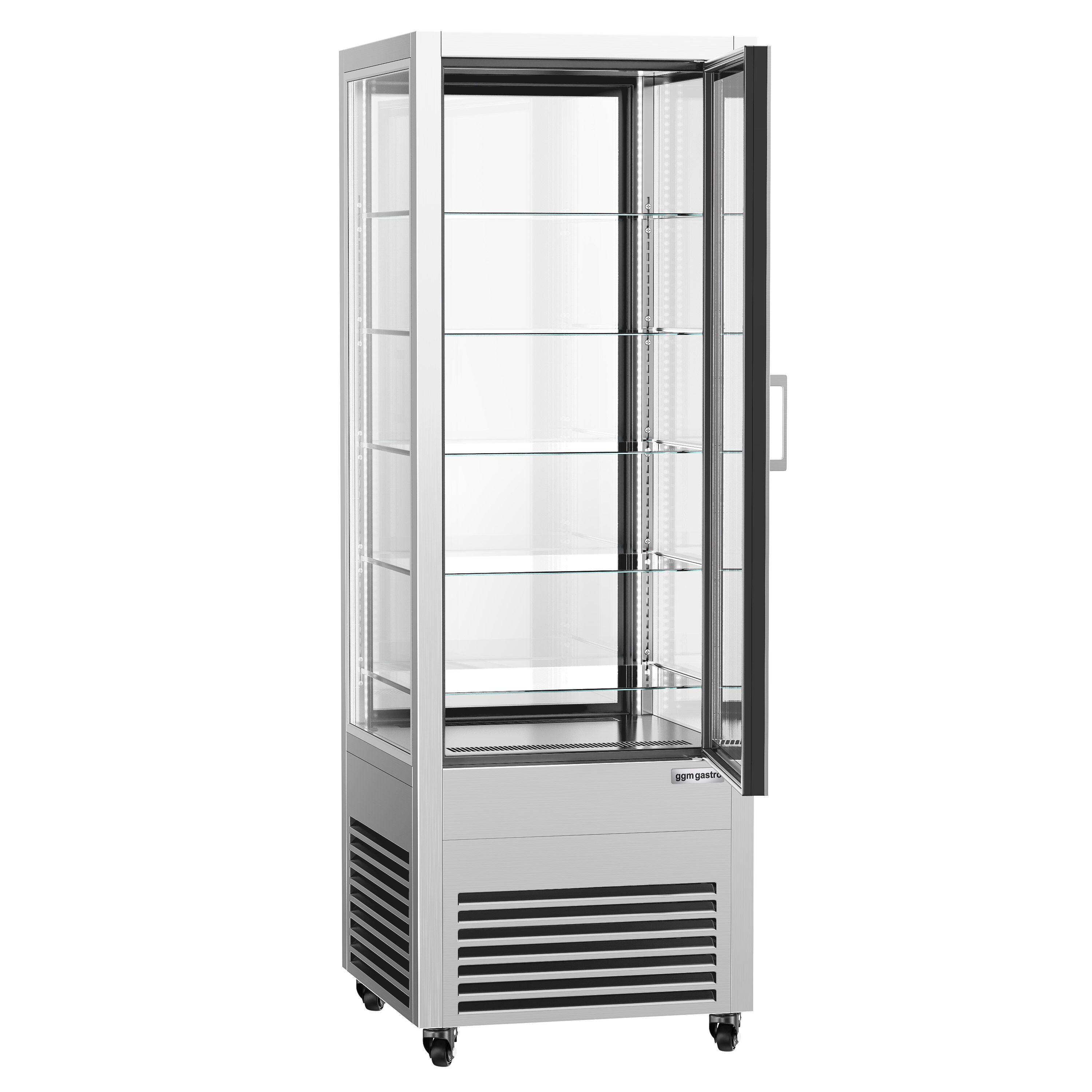 Vitrine réfrigérée 4 faces vitrées / Vitrine panoramique – 440 litres – 2 portes en verre – 5 étagères – Argent