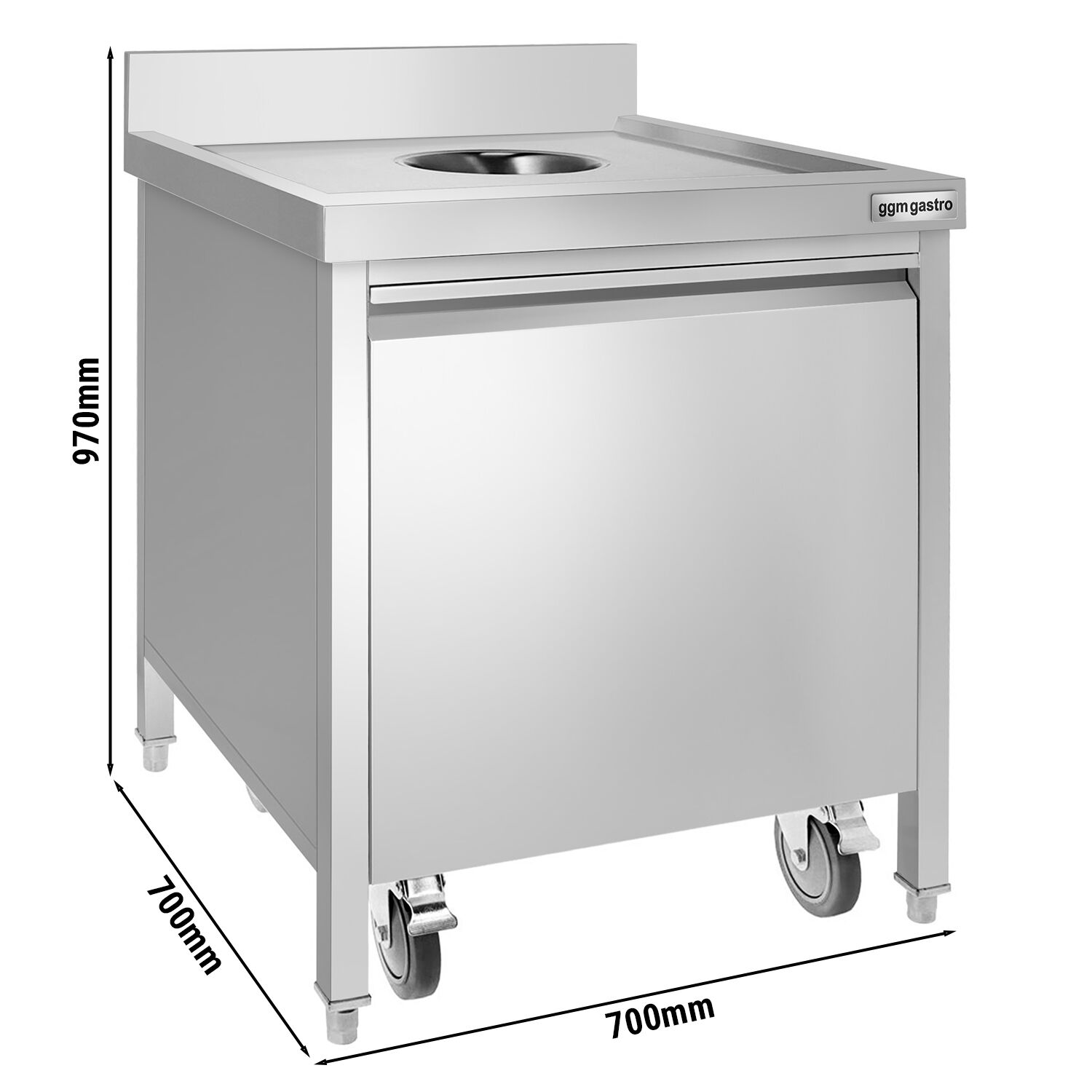 Poubelle - Carénée, avec conteneur à roulettes - 700x970x700mm - avec ouverture d’insertion, bac intérieur amovible, fermeture douce - Acier inoxydable