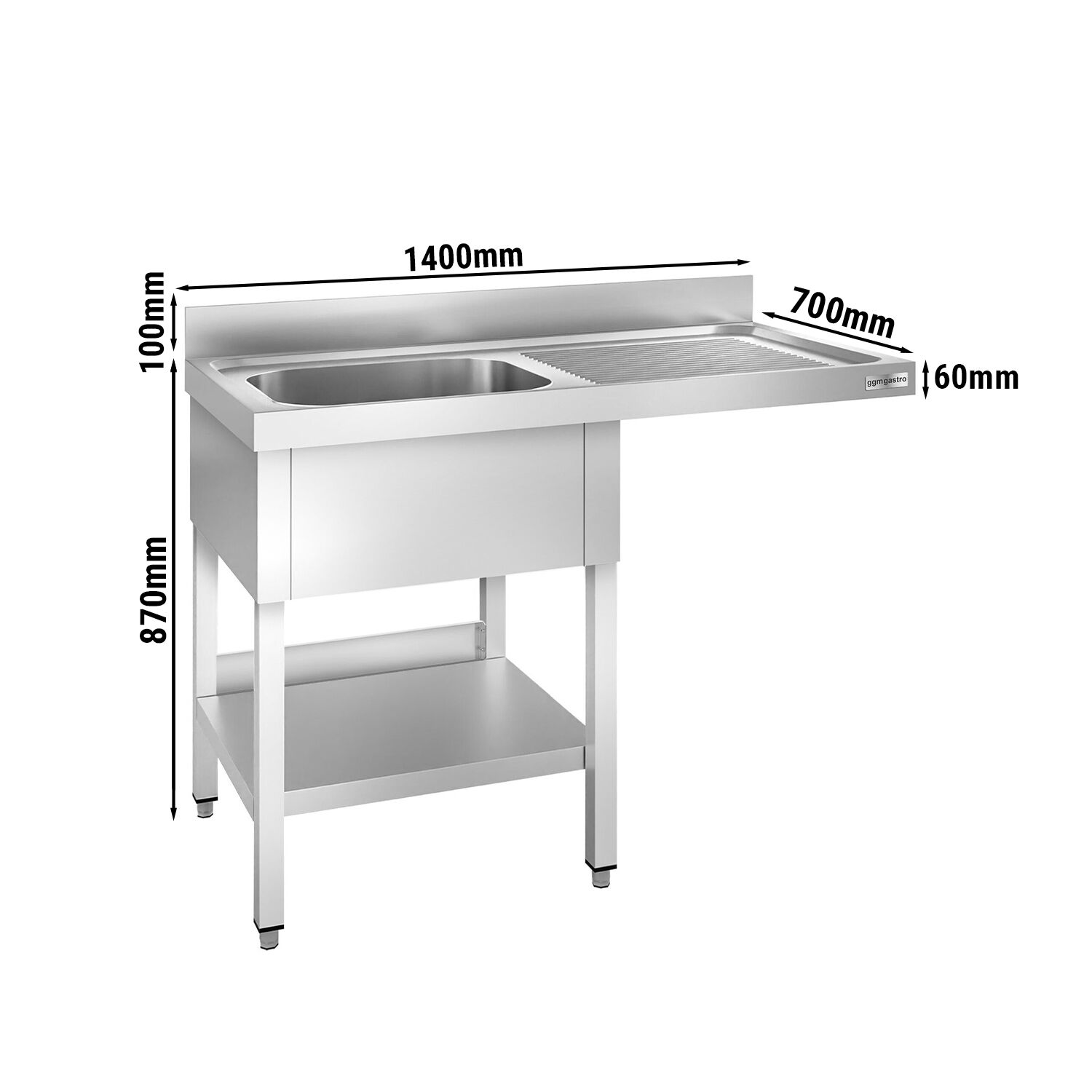 Plonge PREMIUM en acier inoxydable - 1400x700mm - 1 bac - bac à gauche - adossée/avec dosseret