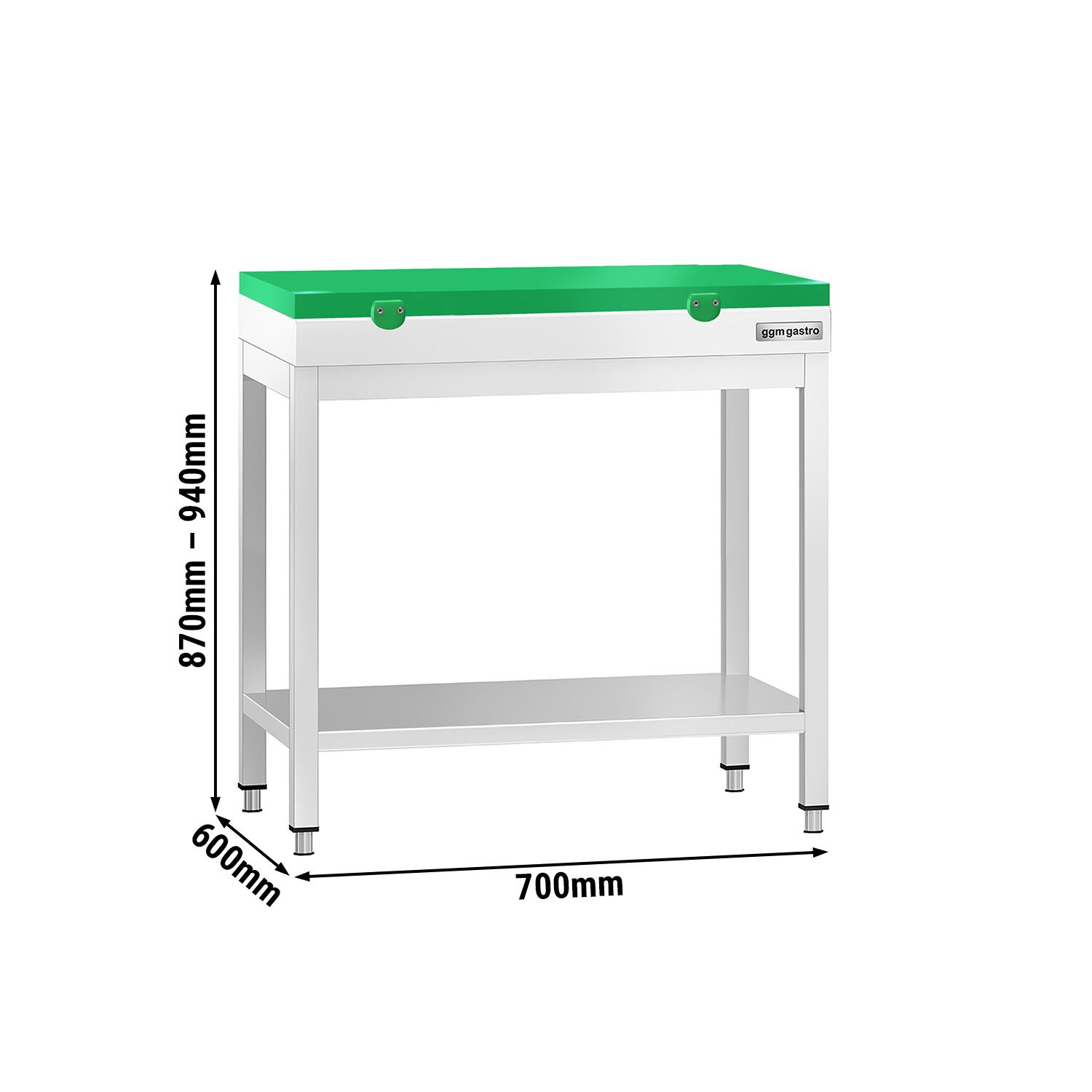Stół roboczy centralny ze stali nierdzewnej PREMIUM - 700x600mm - z półką & wzmocniony - z deską do krojenia Zielony