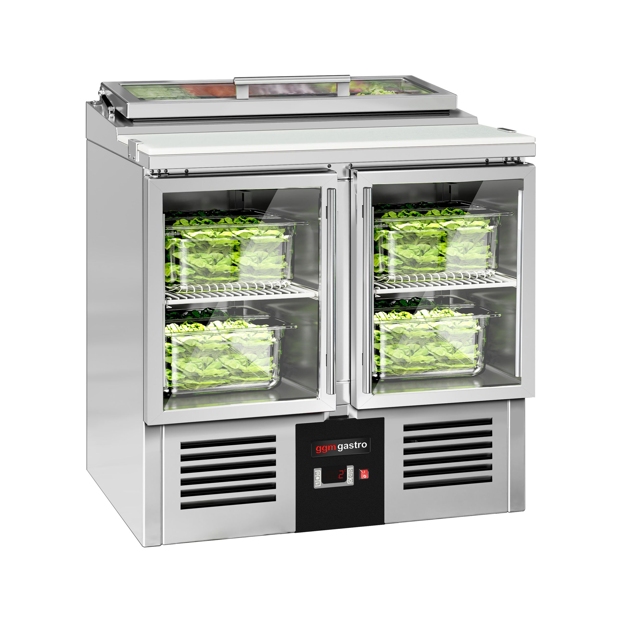 Saladette réfrigérée PREMIUM - 900mm - 159L - 2 portes vitrées - avec découpe pour 4x GN 1/3 & Couvercle verre