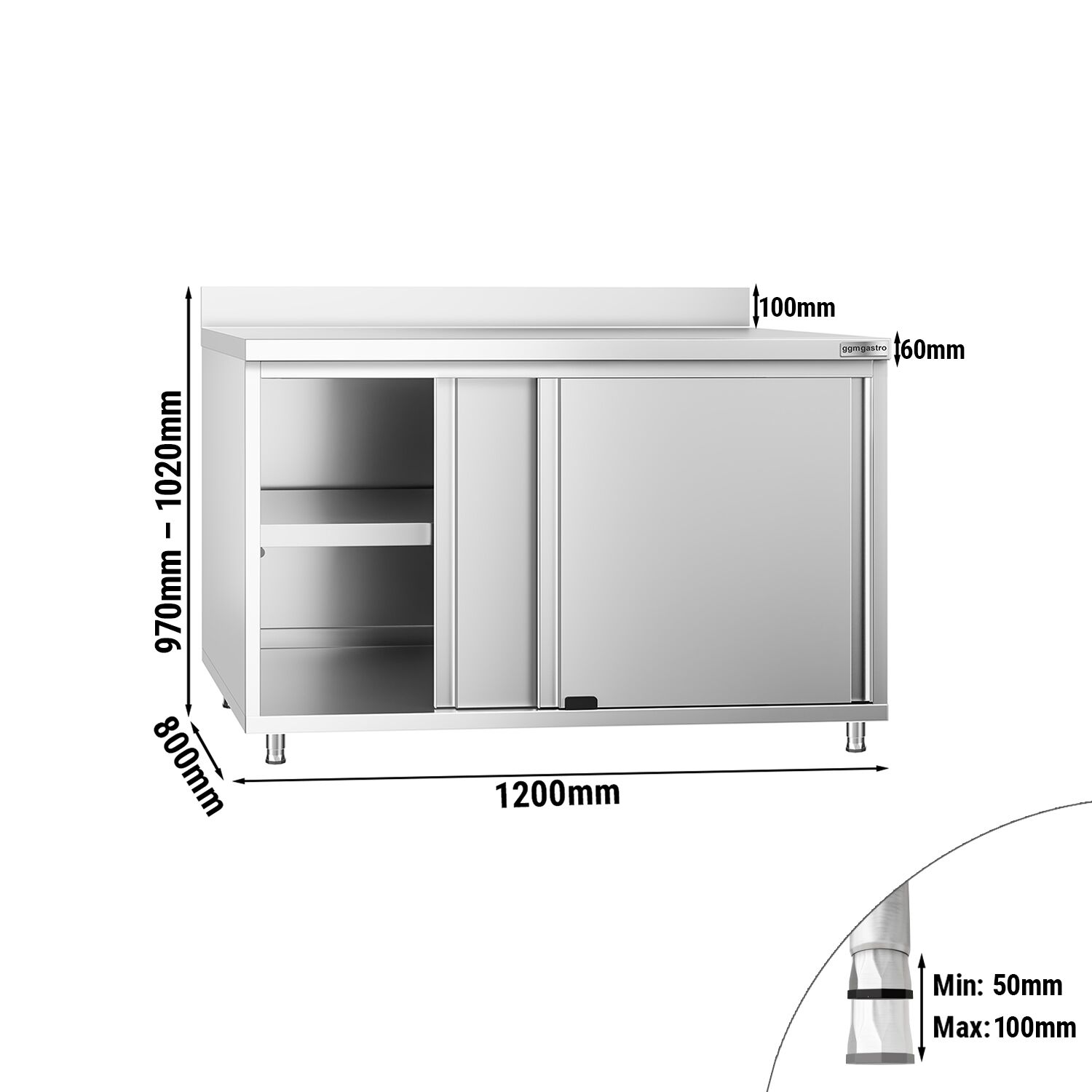 Table armoire en acier inoxydable PREMIUM - 1200x800mm - avec portes coulissantes et étagère basse - avec dosseret