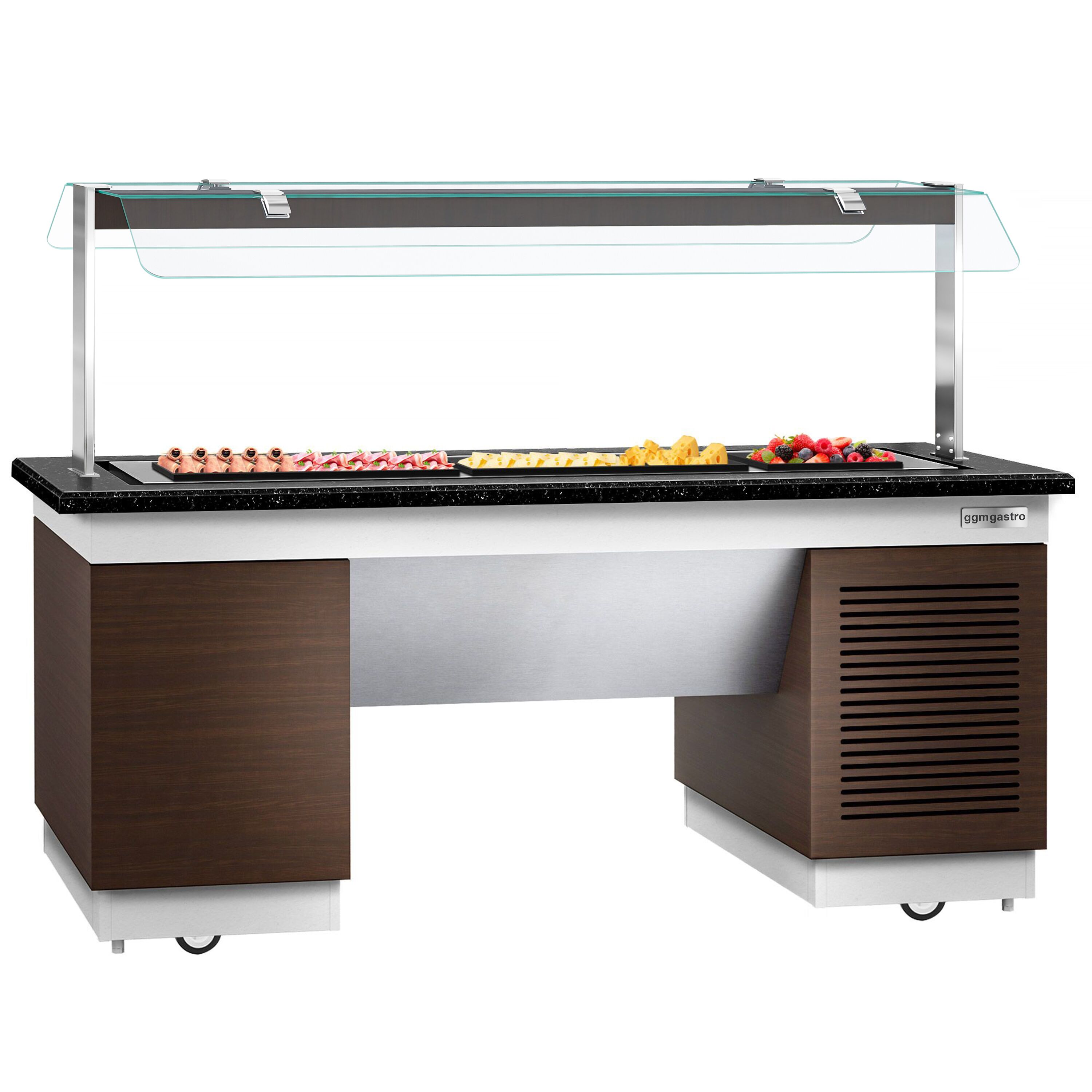 Refrigerated Buffet Display DUBLIN - 2000mm - with Refrigerated Frost Top + Flat Glass Sneeze Guard - on Castors