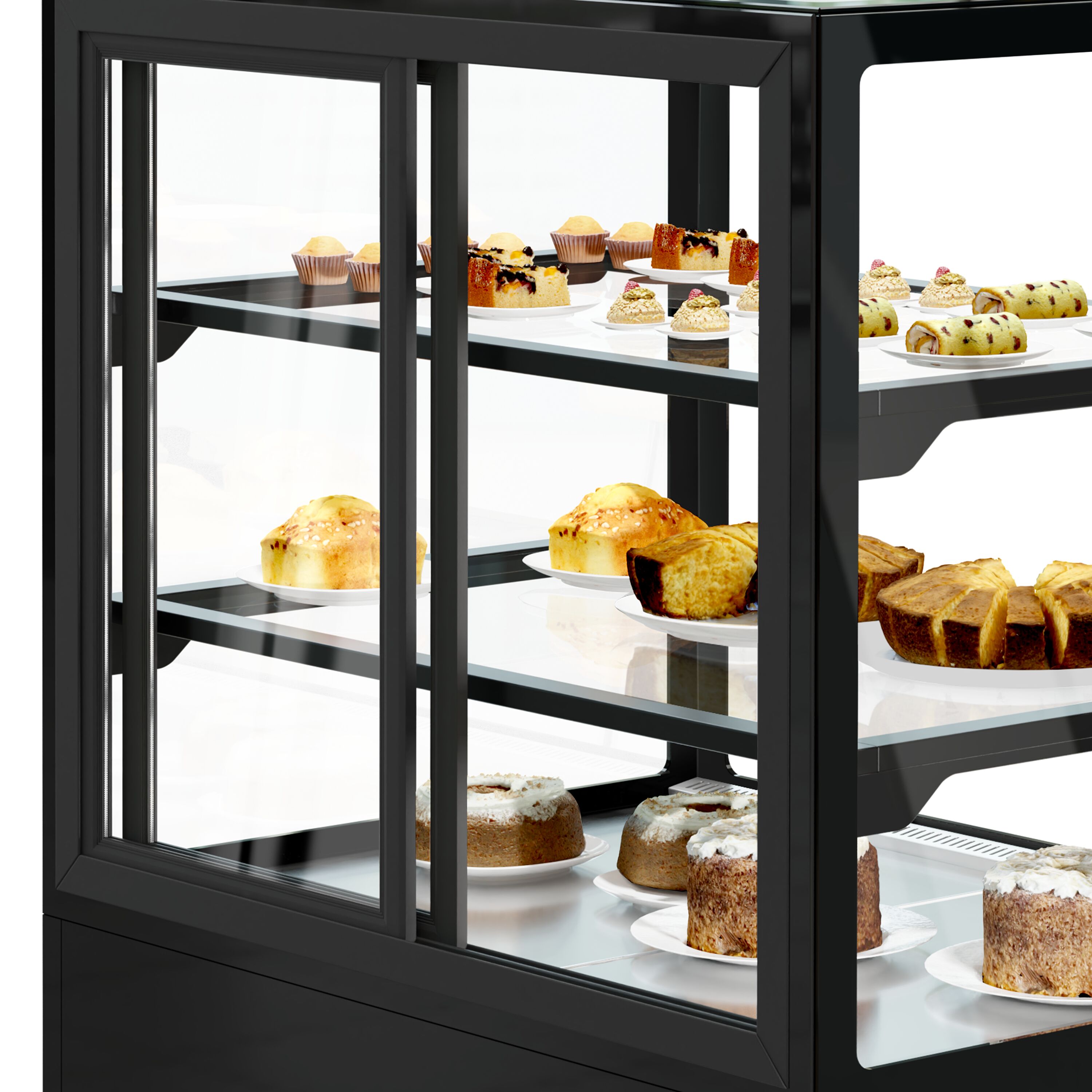 Vitrine à pâtisserie réfrigérée - 378L - 1000mm - Double vitrage - avec 2 étagères en verre - portes coulissantes vitrées arrière - pour pâtisseries - Pour FR - Noir