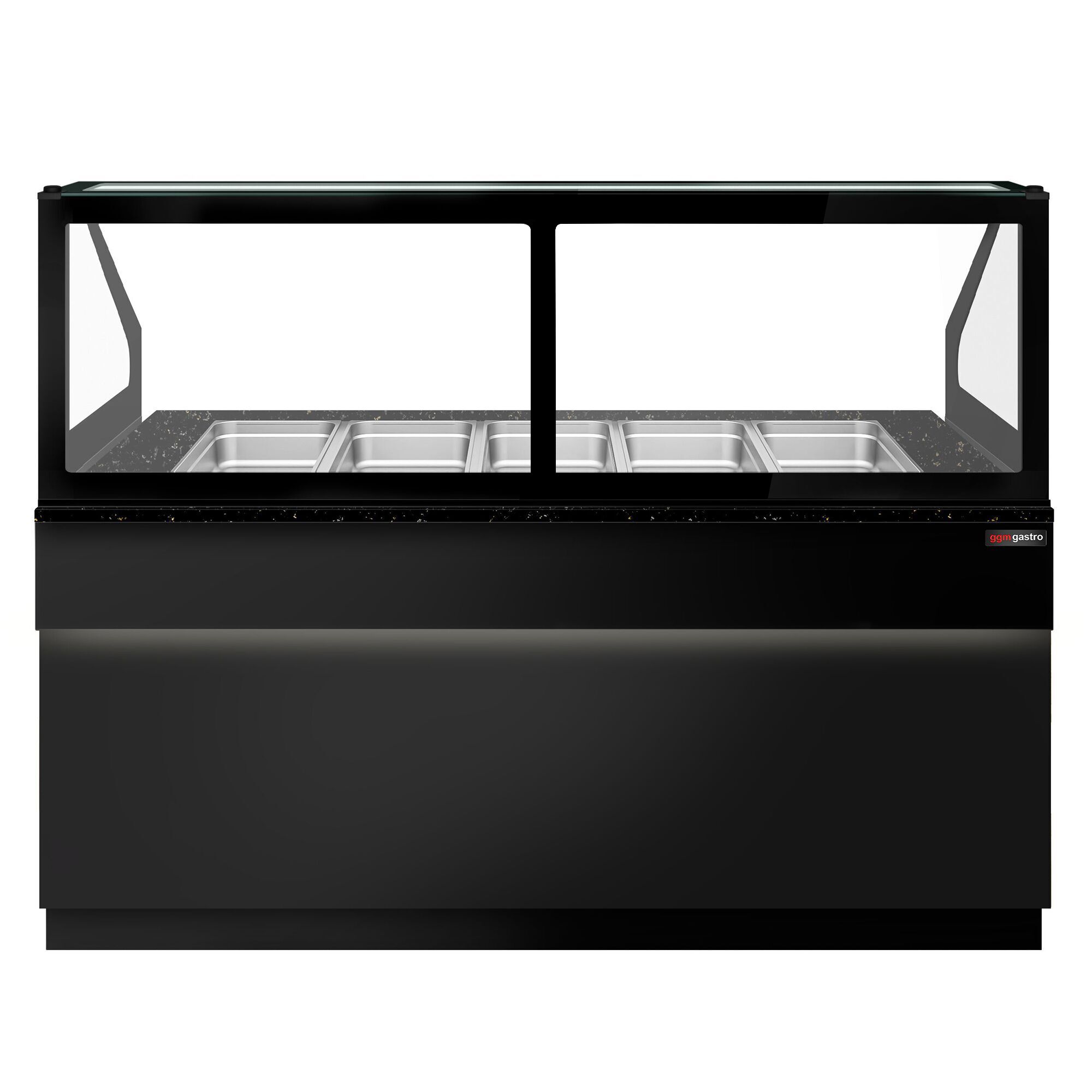 Saladette réfrigérée TORONTO - 2000mm - façade noire - 3 portes - avec vitrine de comptoir pour 5x GN 1/1 & 1 étagère - plan de travail en granit noir - 1200L