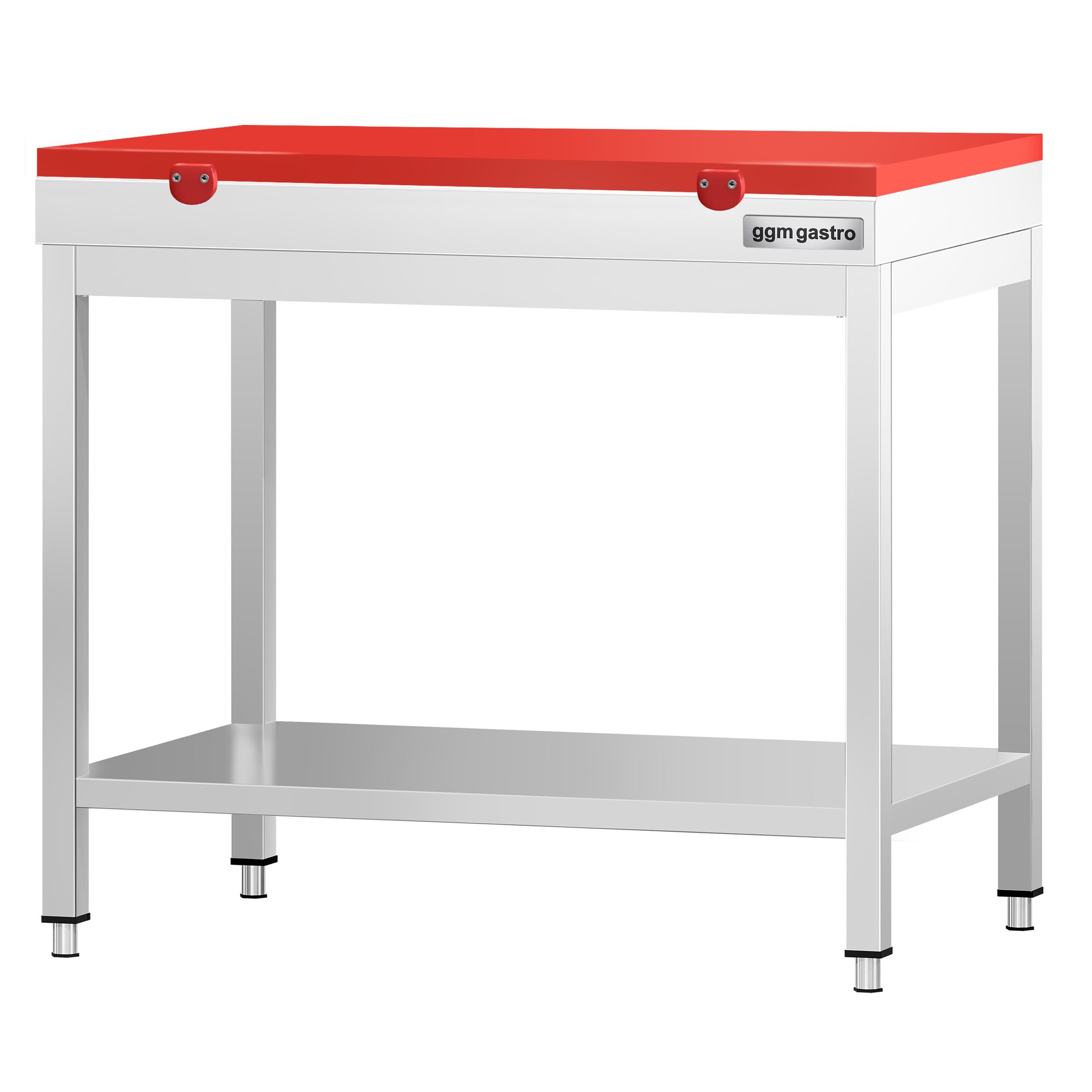Stół roboczy centralny ze stali nierdzewnej PREMIUM - 700x600mm - z półką - z deską do krojenia Czerwony