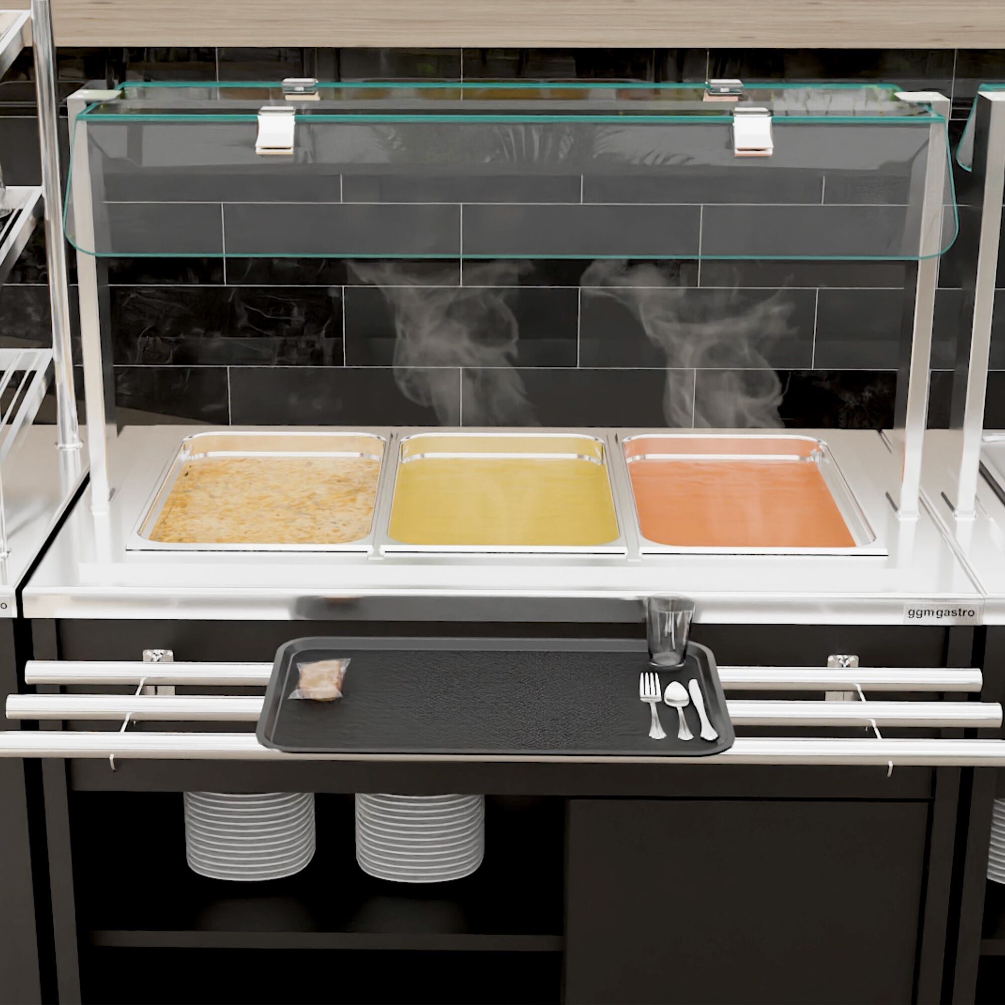 Buffet self-service chaud DANZIG - 1300mm - 3 bacs GN 1/1 - avec Glissière pour plateaux - Noir