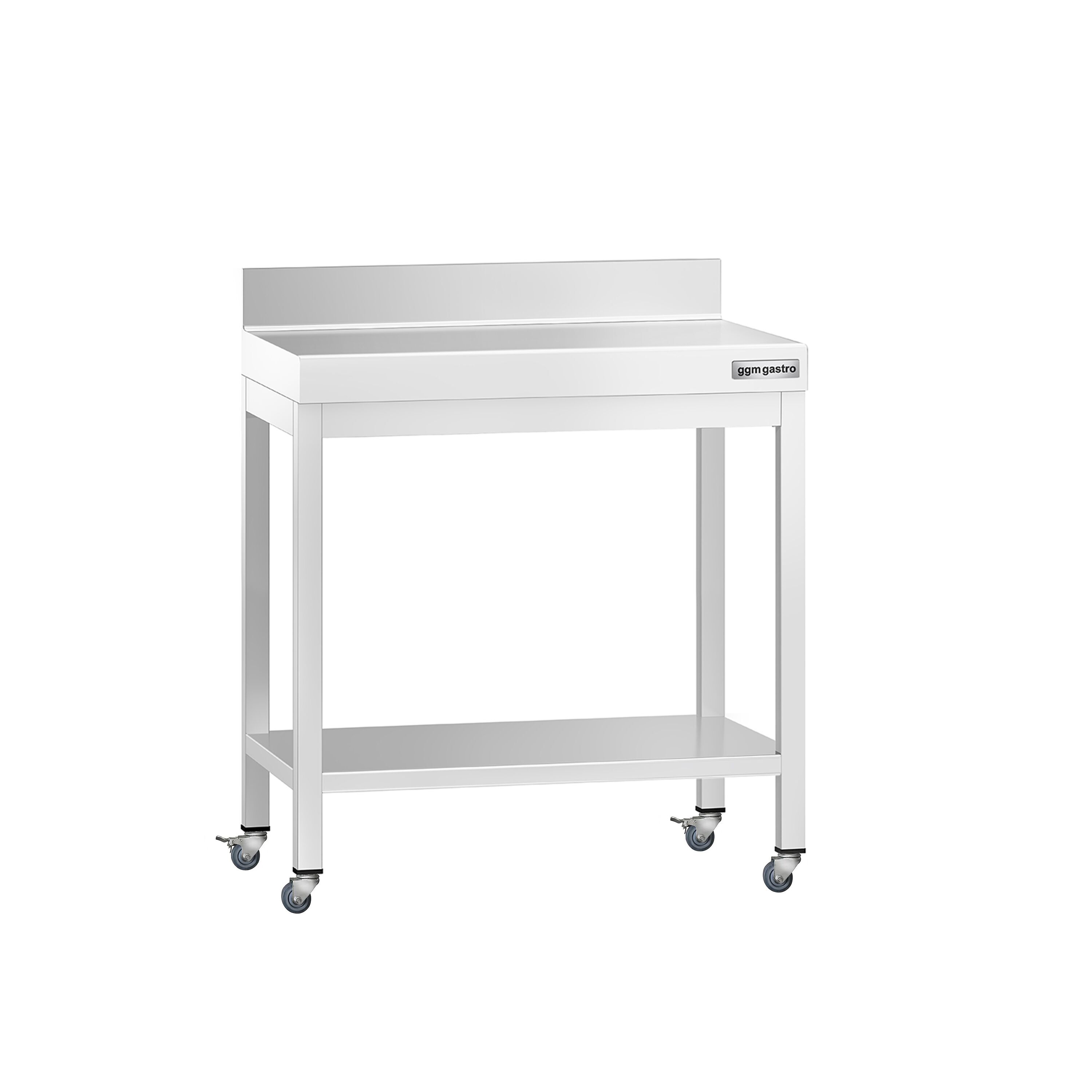 Table de travail en inox PREMIUM - 600 x 600 mm - avec tablette inférieure, dosseret et roulettes