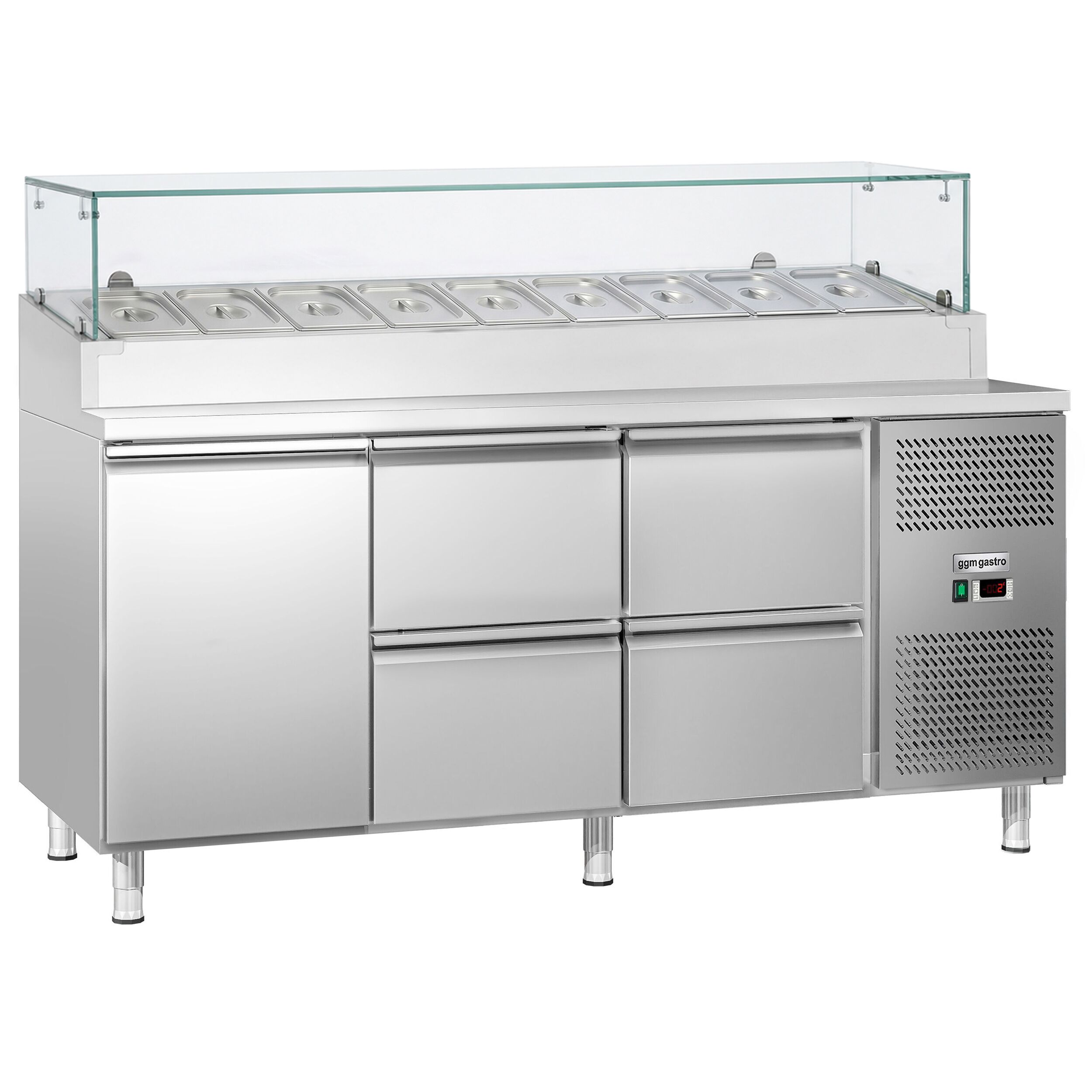 Zubereitungstisch ECO - 1795mm - 1 Tür & 4 Schubladen - mit Glasaufsatz - für 9x GN 1/3