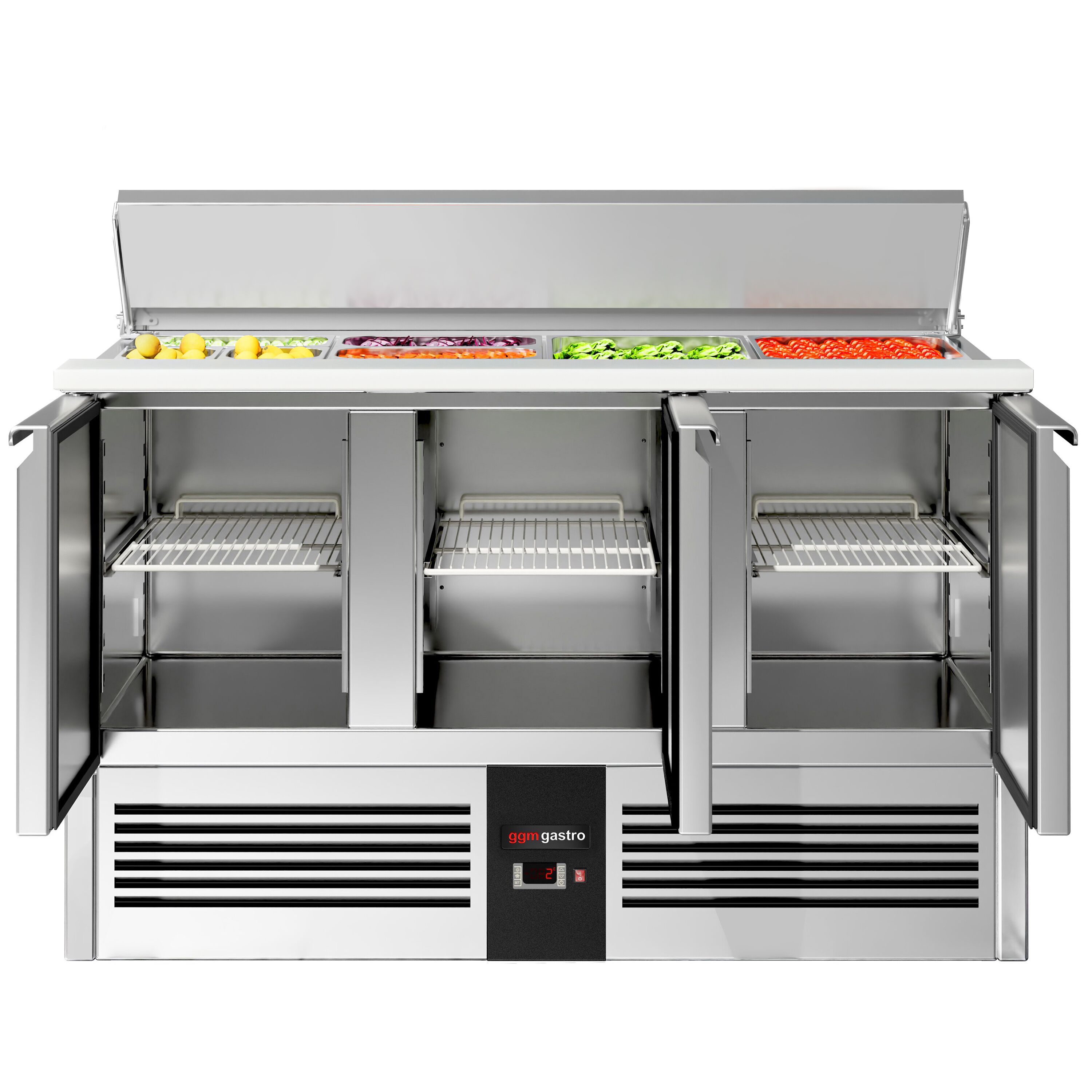 Saladette réfrigérée PREMIUM - 1368mm - 368L - 3 portes - avec découpe pour 4x GN 1/1 & Couvercle inox