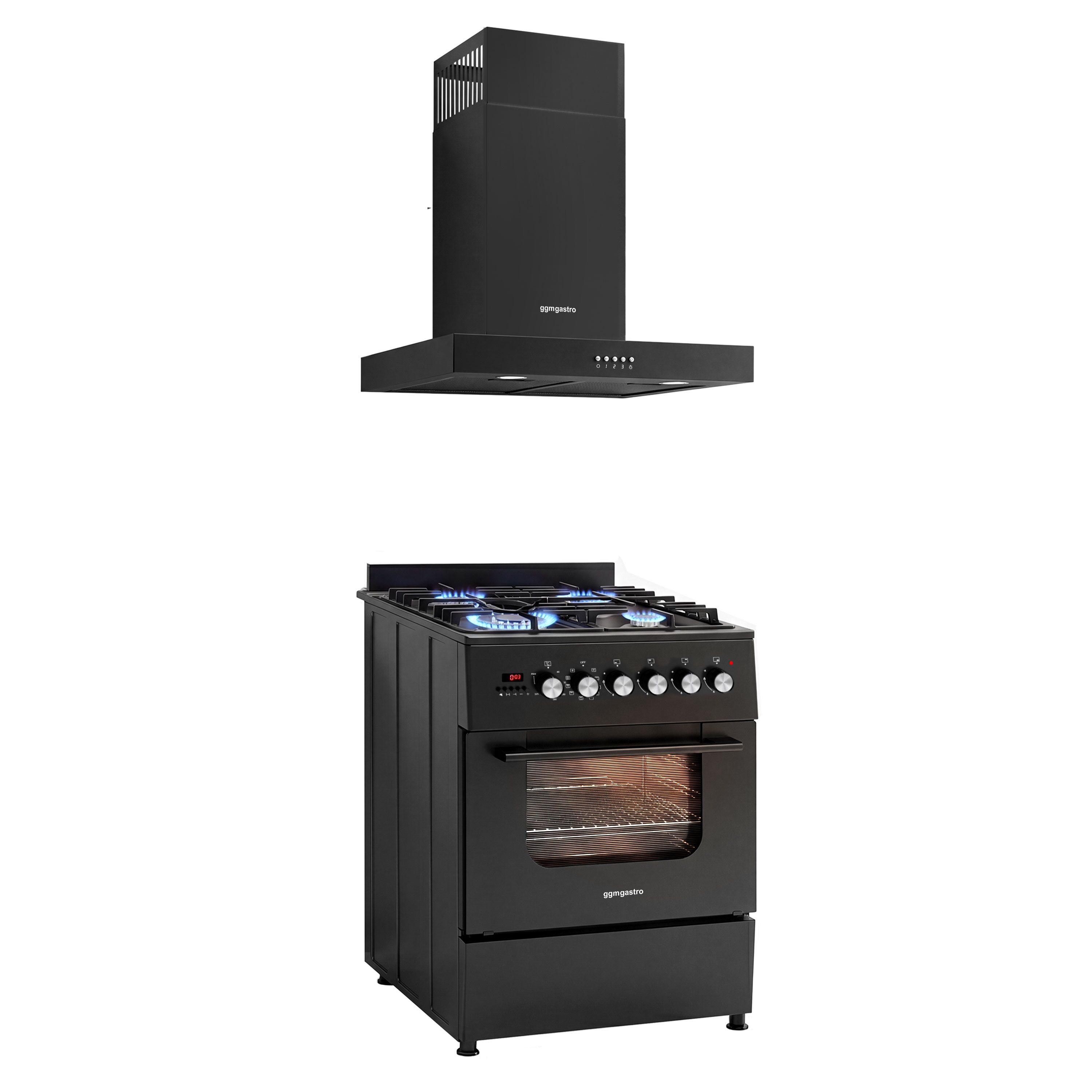 Fogão a gás - 8,4 kW - 4 queimadores - inclui forno elétrico - 3,85 kW e exaustor com circulação de ar