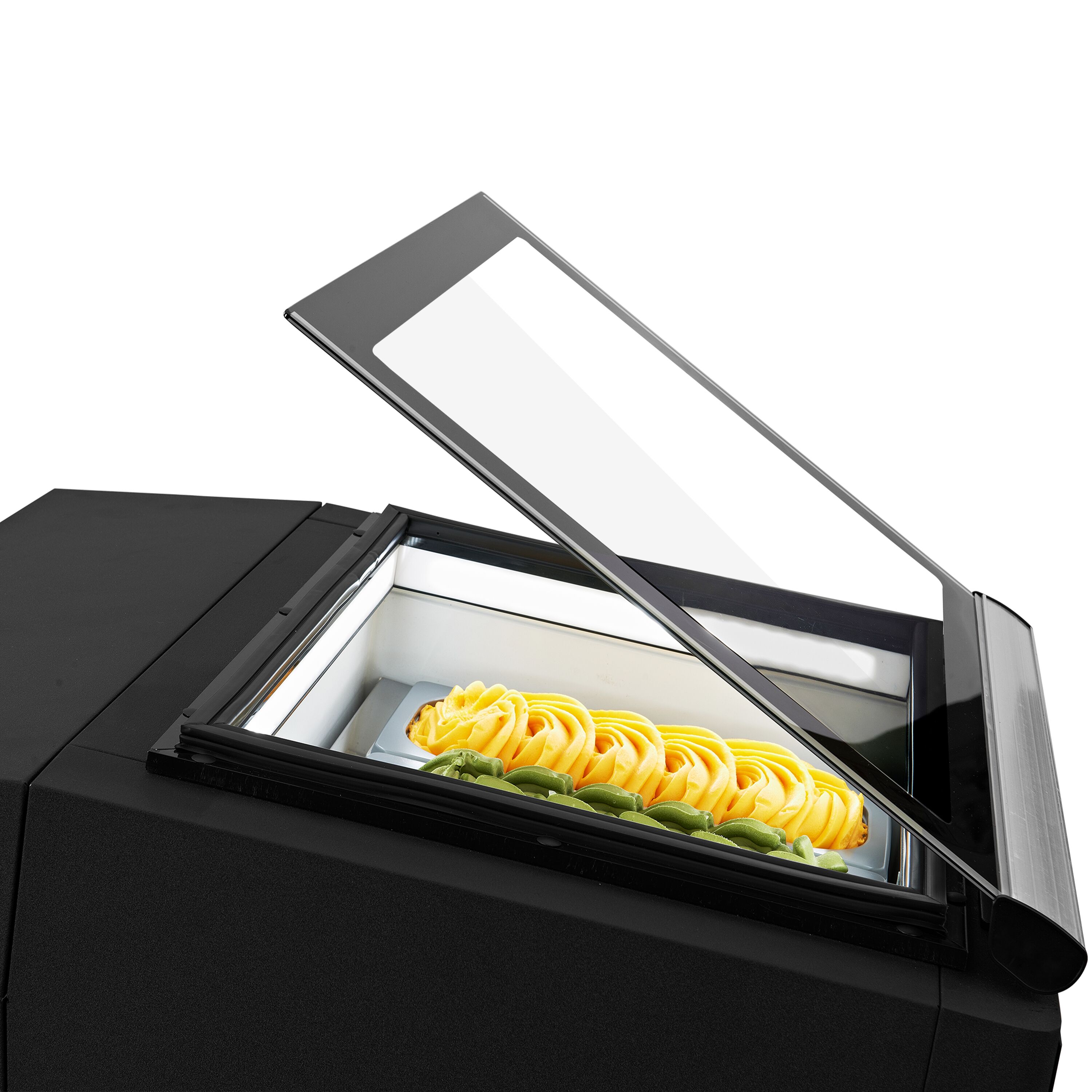 Vetrina gelato da banco - 670mm - Refrigerazione statica - con Sbrinamento automatico - per 3x Vasca da gelato da 5 Litri - Nero - Vetro dritto - Apertura coperchio lato lato operatore