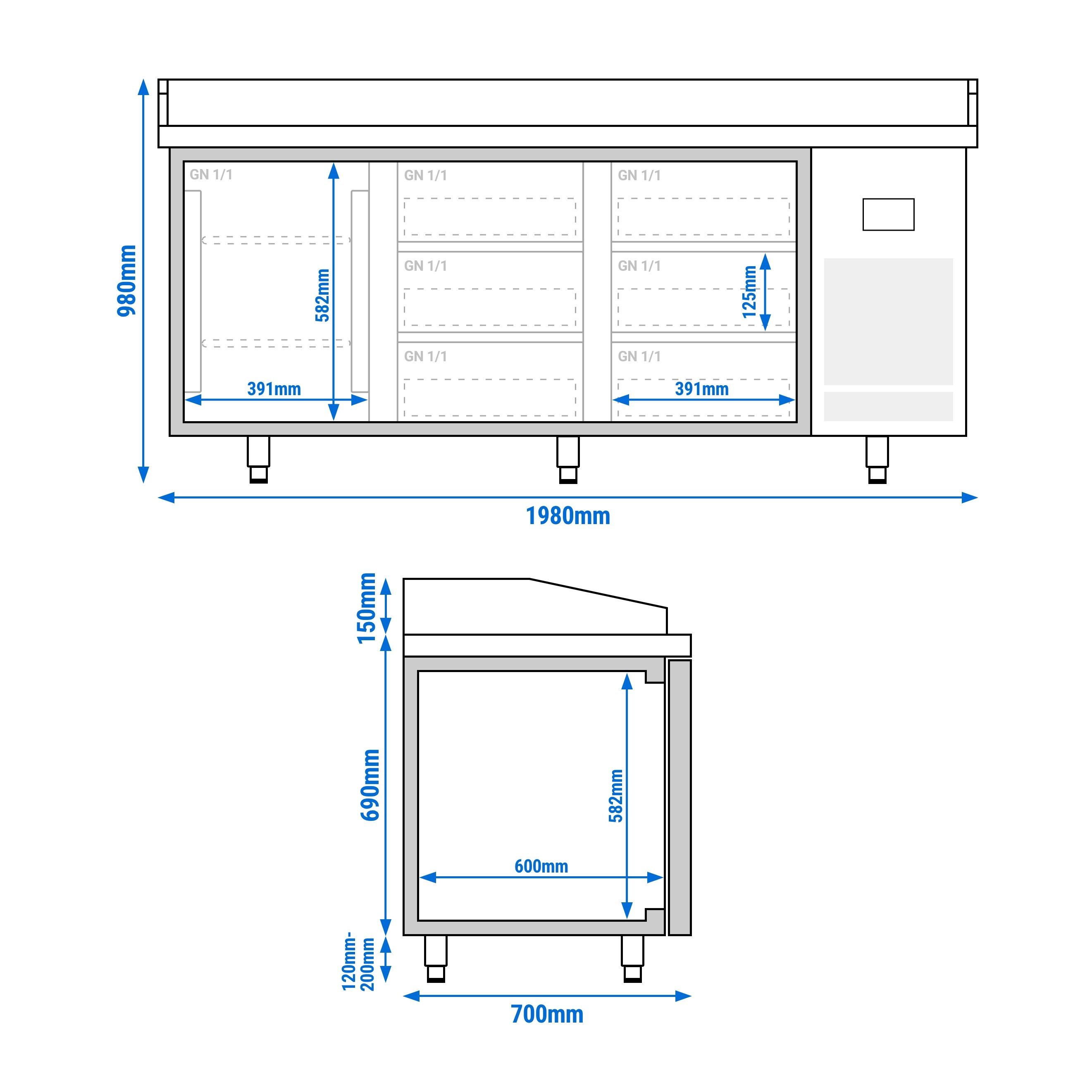 Commercial Pizza Prep Counter - Granite Top PREMIUM PLUS - 1980x700mm - with 1 doors & 6 drawers - incl. refrigerated topping unit - 11x GN 1/4