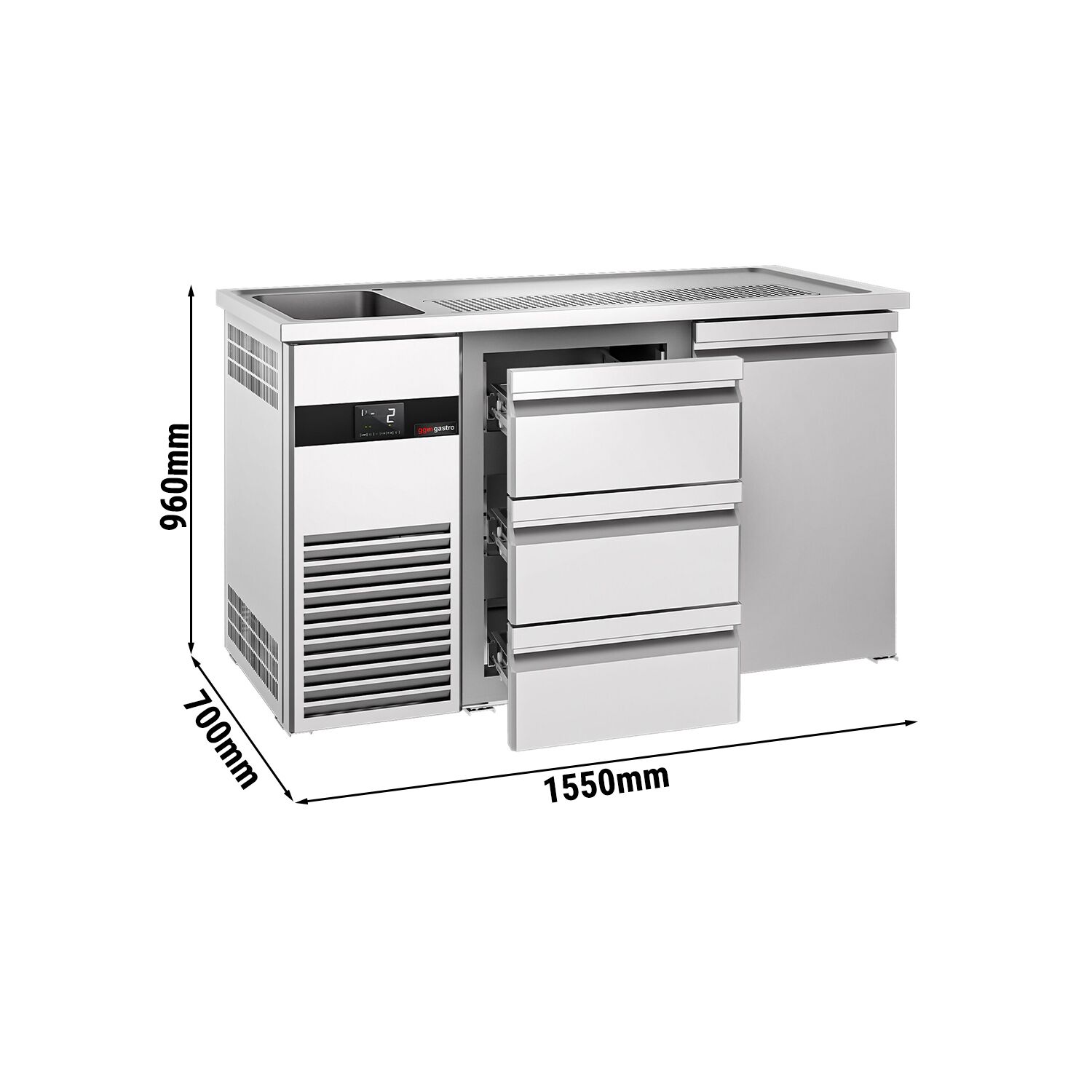 Comptoir de bar réfrigéré PREMIUM - 1550x700mm - 1 porte & 3 tiroirs
