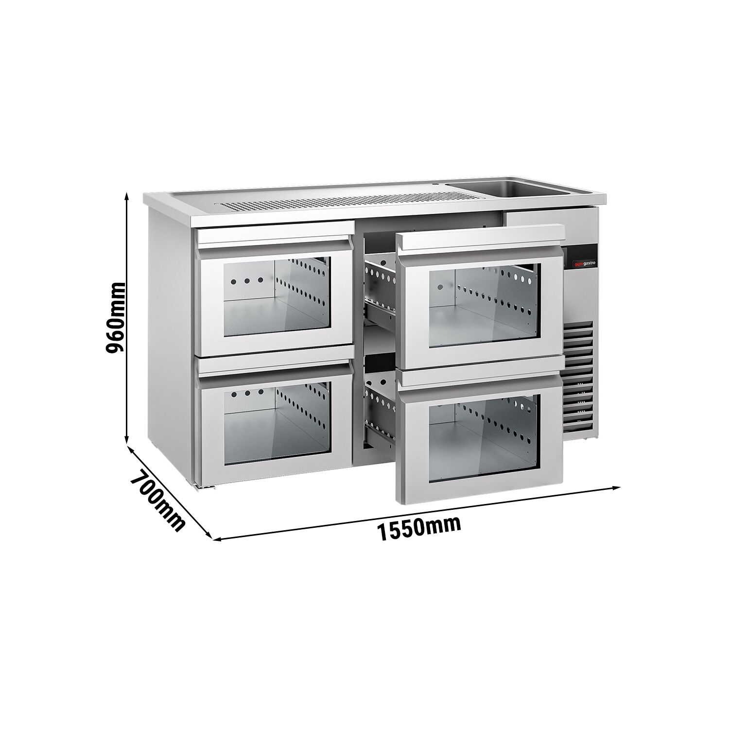 Comptoir de bar réfrigéré PREMIUM - 1550x700mm - 4 tiroirs en verre