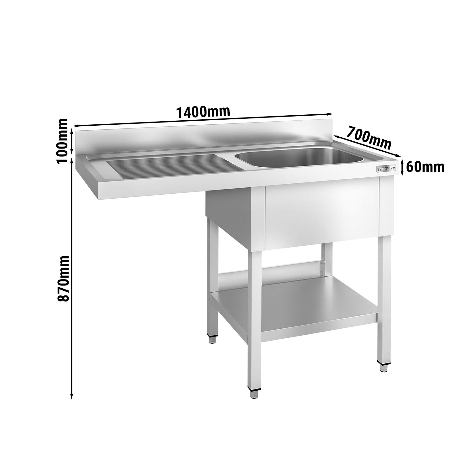Plonge PREMIUM en acier inoxydable - 1400x700mm - 1 bac - égouttoir à gauche - avec espace lave-vaisselle - adossée/avec dosseret