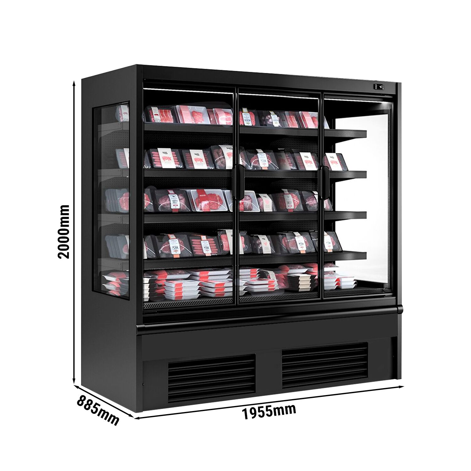Commercial multideck display fridge - 1955mm - 1204L - with 3 hinged glass doors & 4 shelves - Black
