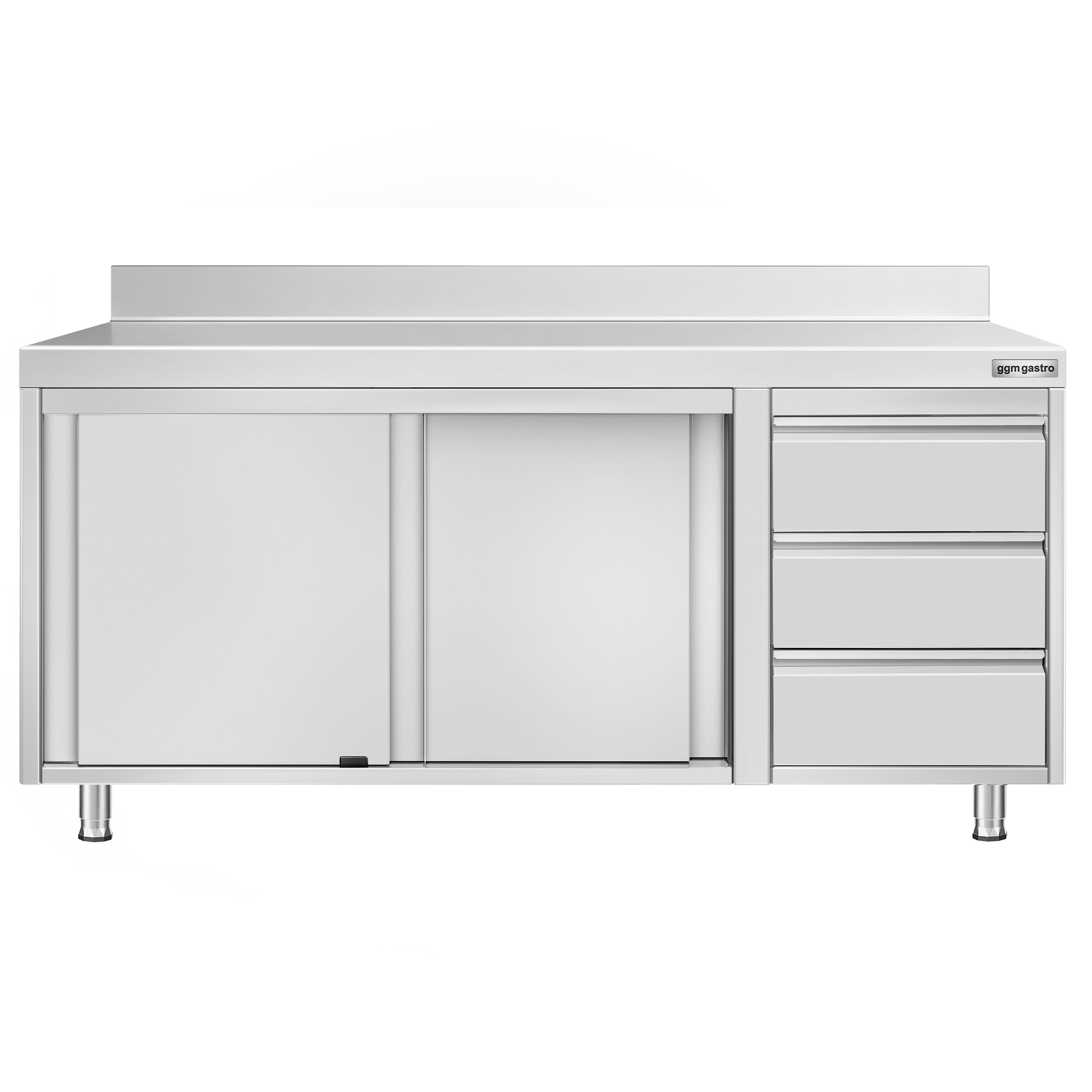 Table armoire en acier inoxydable ECO - 1800x700mm - avec 3 tiroirs à droite et portes coulissantes - avec dosseret