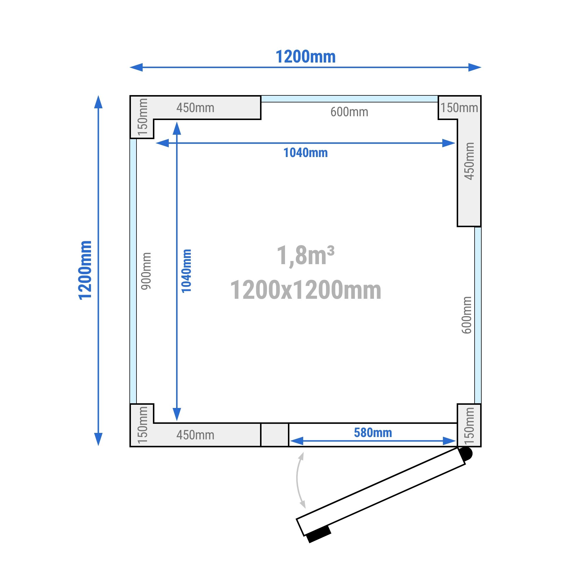 Chambre froide - 1200 x 1200 mm - 1,8 m³ - avec 3 côtés en verre