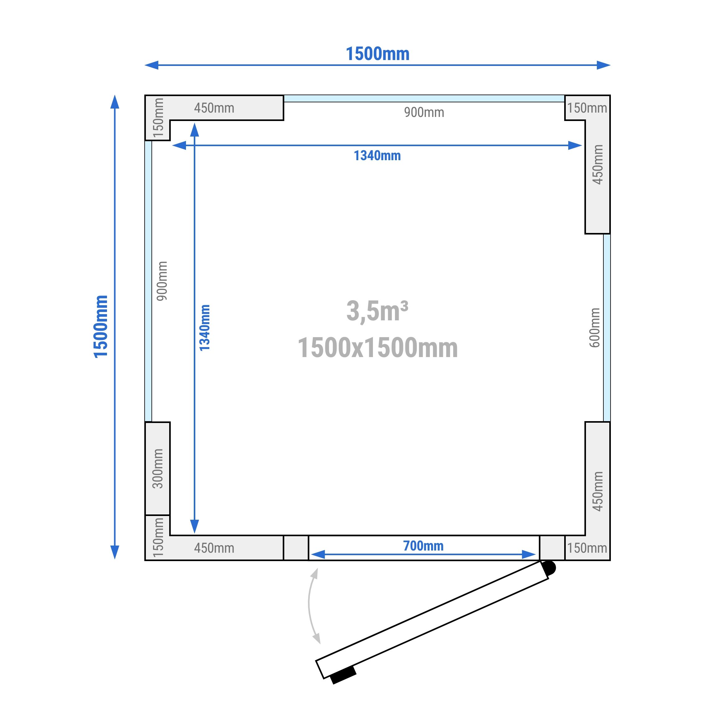 Chambre froide - 1500 x 1500 mm - 3,5 m³ - avec 3 côtés en verre