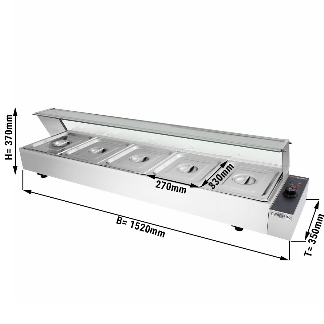 Countertop Bain Marie - 5x GN 1/2 - 1,8 kW - with Glass Sneeze Guard