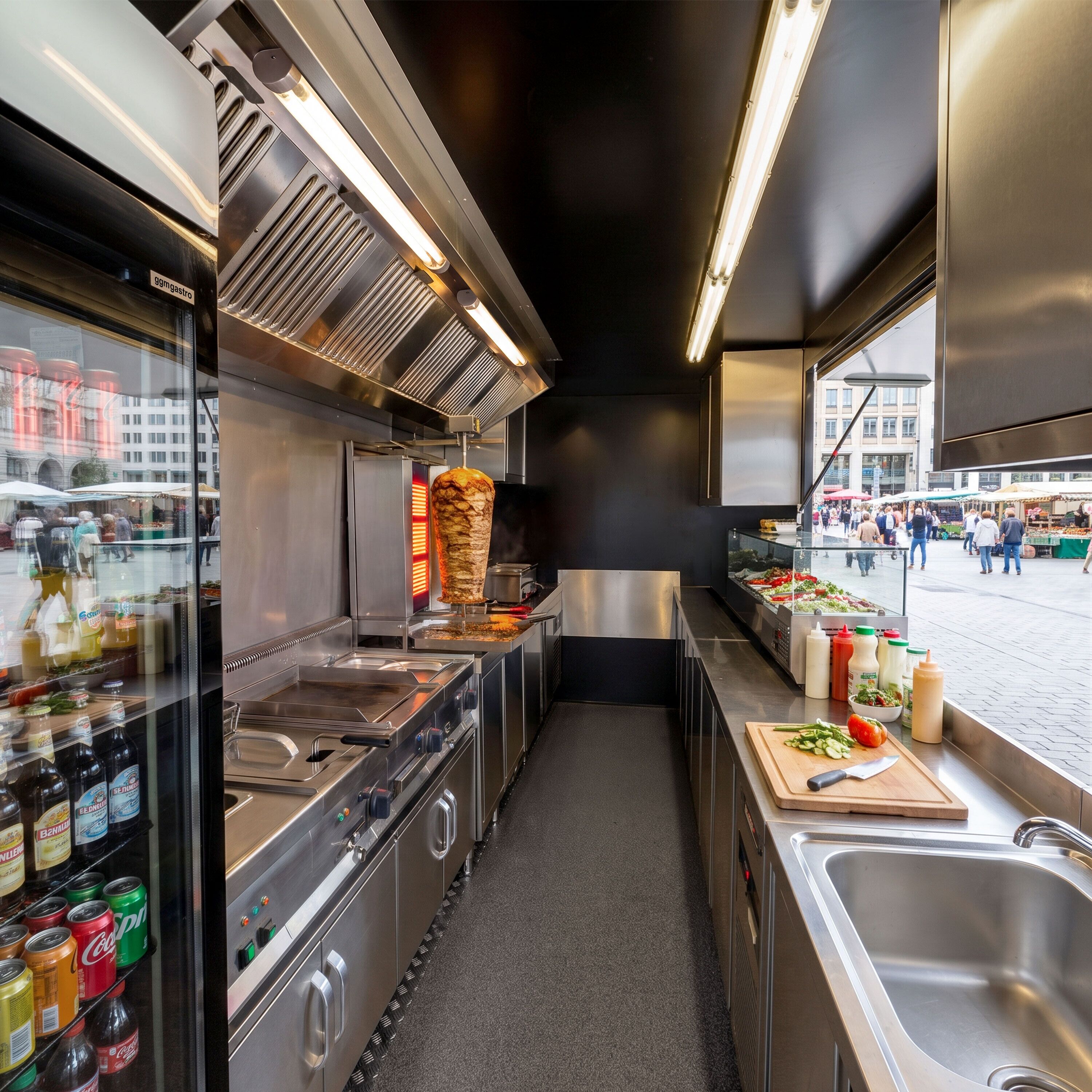 Food-Verkaufsanhänger - 6,7m - mit Grundausstattung & Kochgeräte