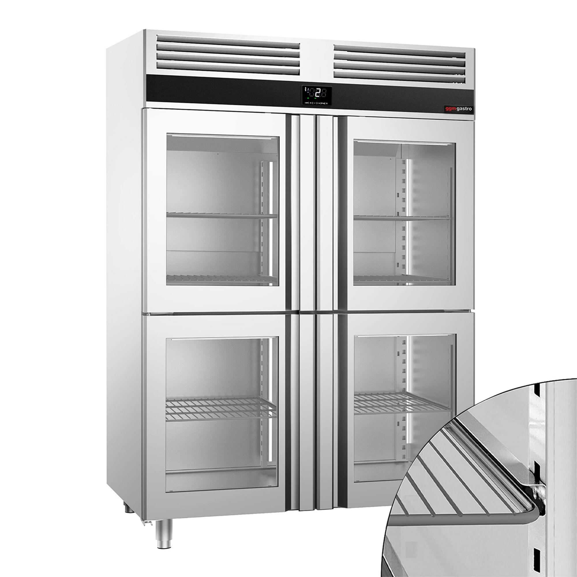 Armoire réfrigérée vitrée positive en acier inoxydable PREMIUM - GN 2/1 - 1400 L - avec 4 demi-portes vitrées