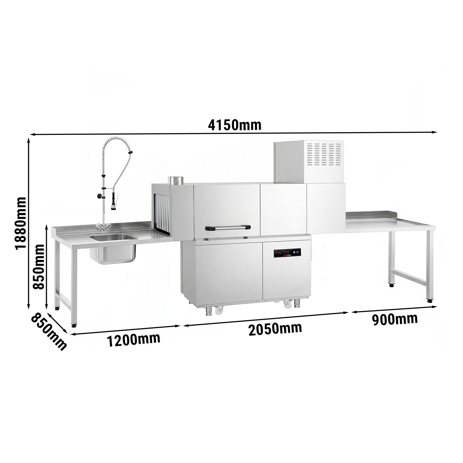 Lave-vaisselle à convoyeur - Commande électronique (affichage numérique) - 47kW - panier 500x500mm - avec tunnel de séchage - avec pompes doseuses intégrées pour détergent et produit de rinçage - Table d’entrée à gauche