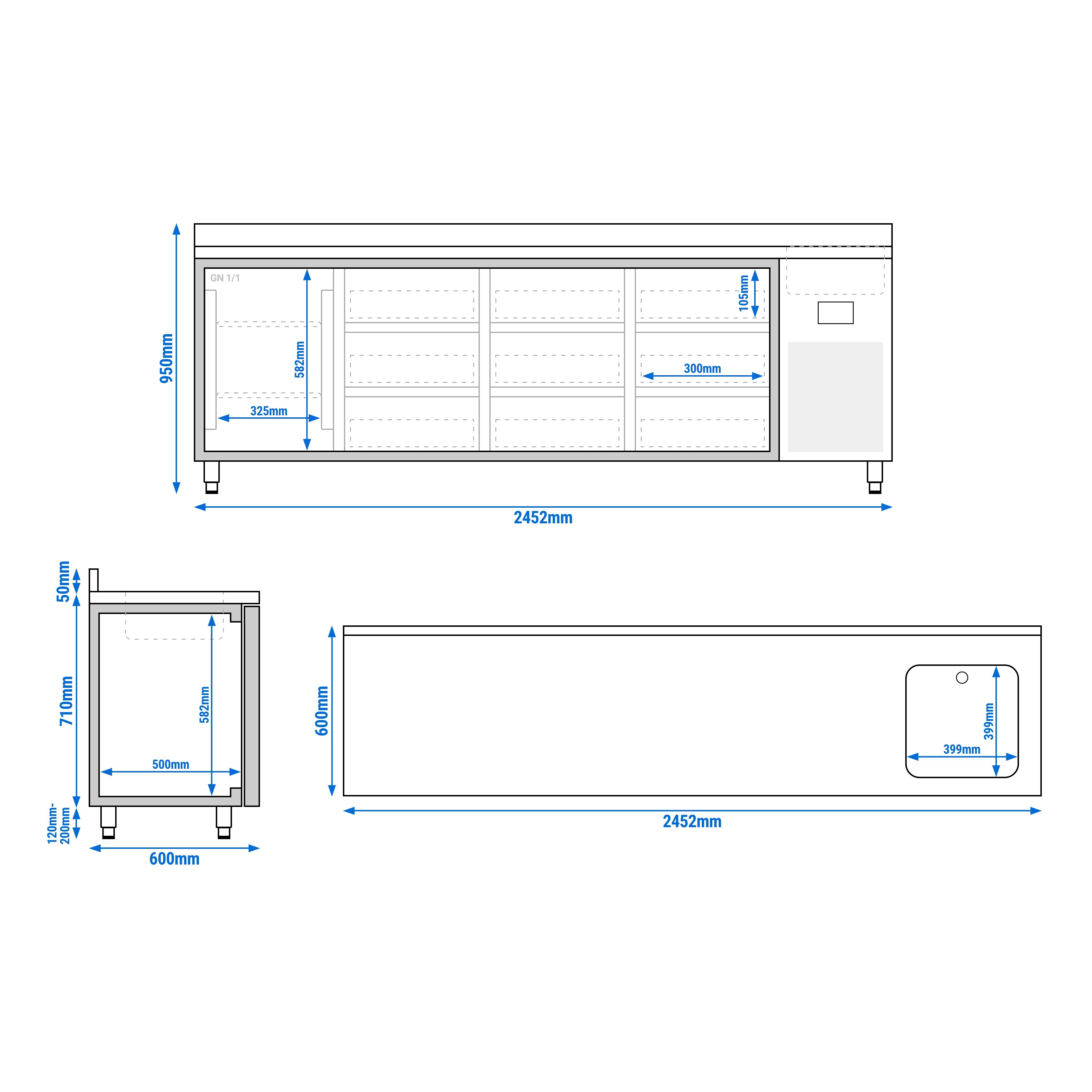 Kylbänk Premium PLUS - 2452x600x850 mm - 510 l - med 1 ho - 1 dörr - med 9 lådor - hög bakkant
