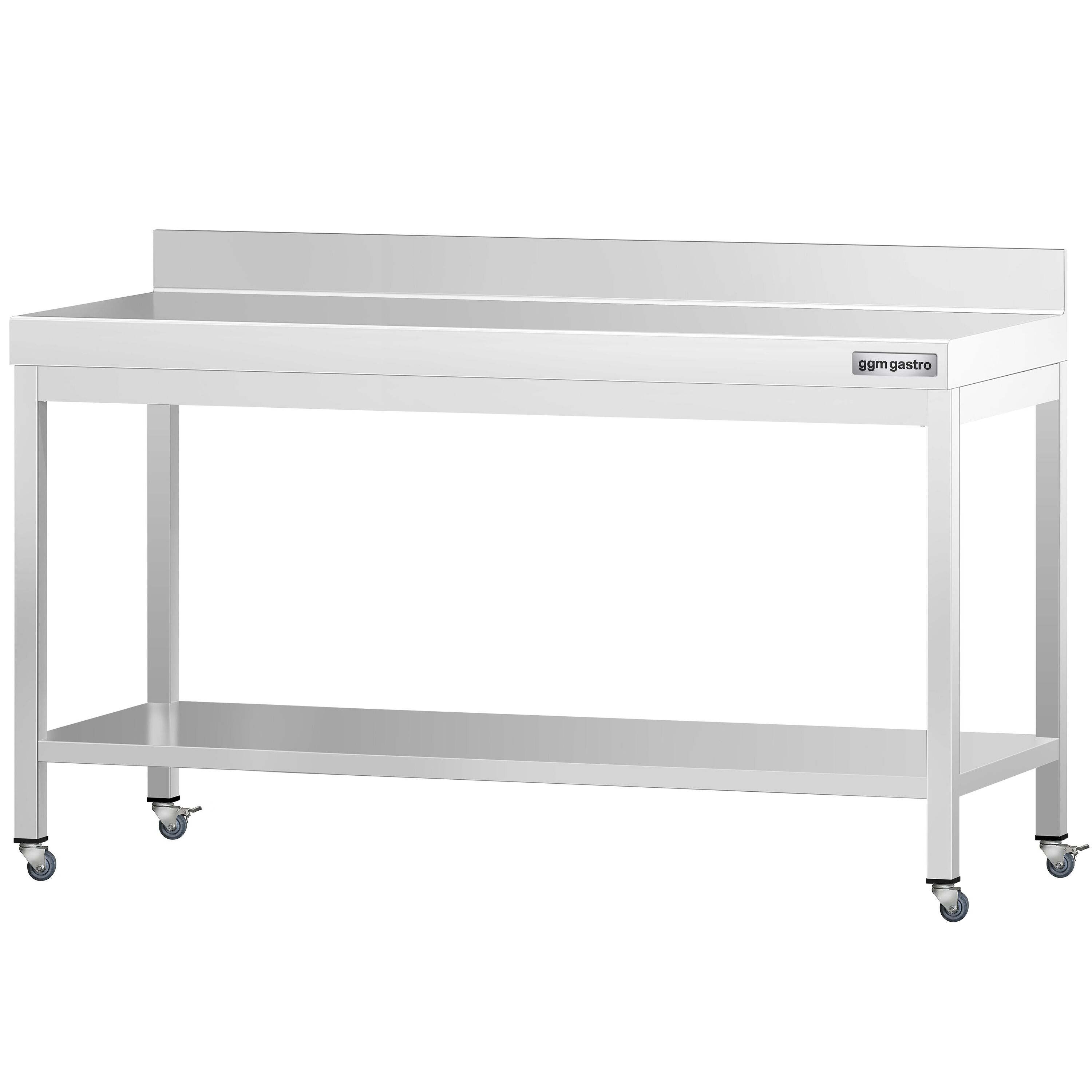 Table de travail en inox PREMIUM - 1800 x 600 mm - avec tablette inférieure, dosseret et roulettes