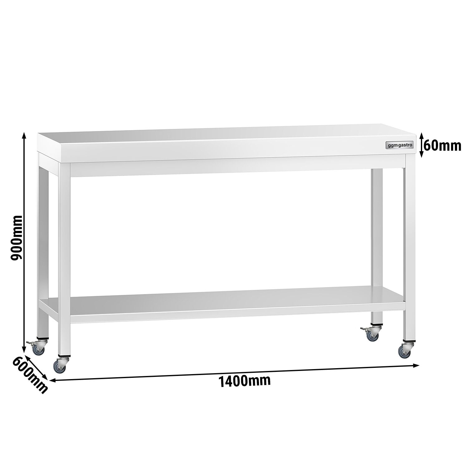 Table de travail en inox PREMIUM - 1400 x 600 mm - avec tablette inférieure et roulettes