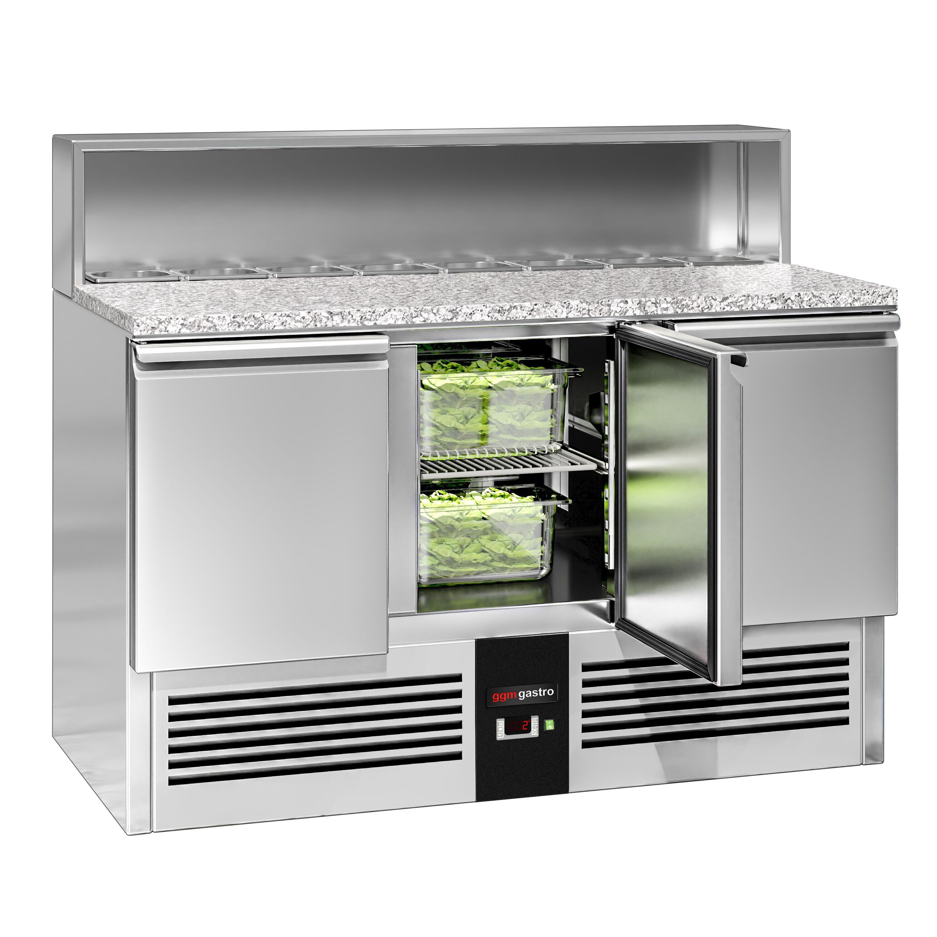 Saladette réfrigérée PREMIUM - 1368mm - 402L - 3 portes - ensemble inox (dessus GN) pour 8x GN 1/6 & Couvercle inox - plan de travail en granit noir