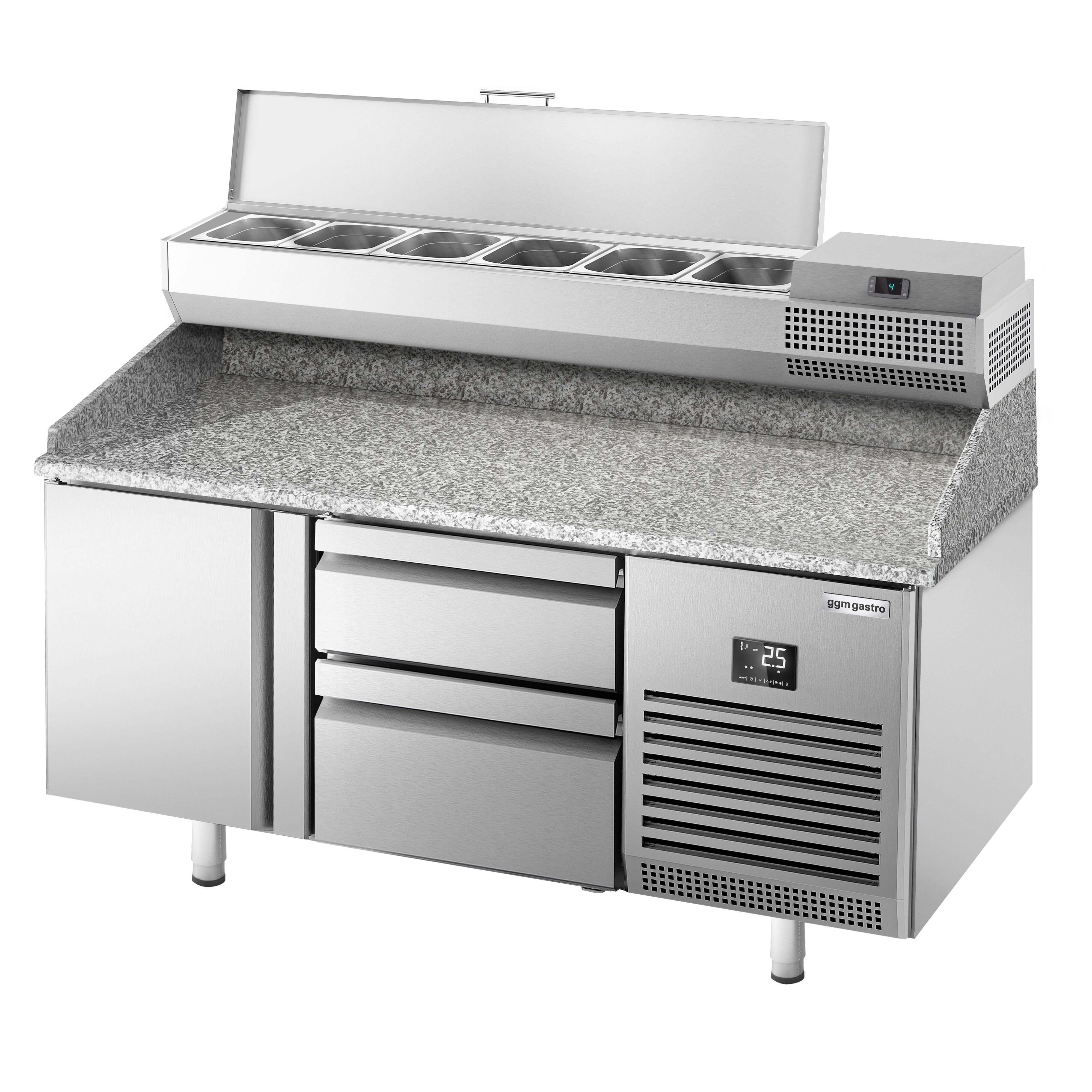 Table réfrigérée à pizza Premium PLUS - 1490x700 mm - avec 1 porte & 2 tiroirs - incl. vitrine réfrigérée - 6x GN 1/4