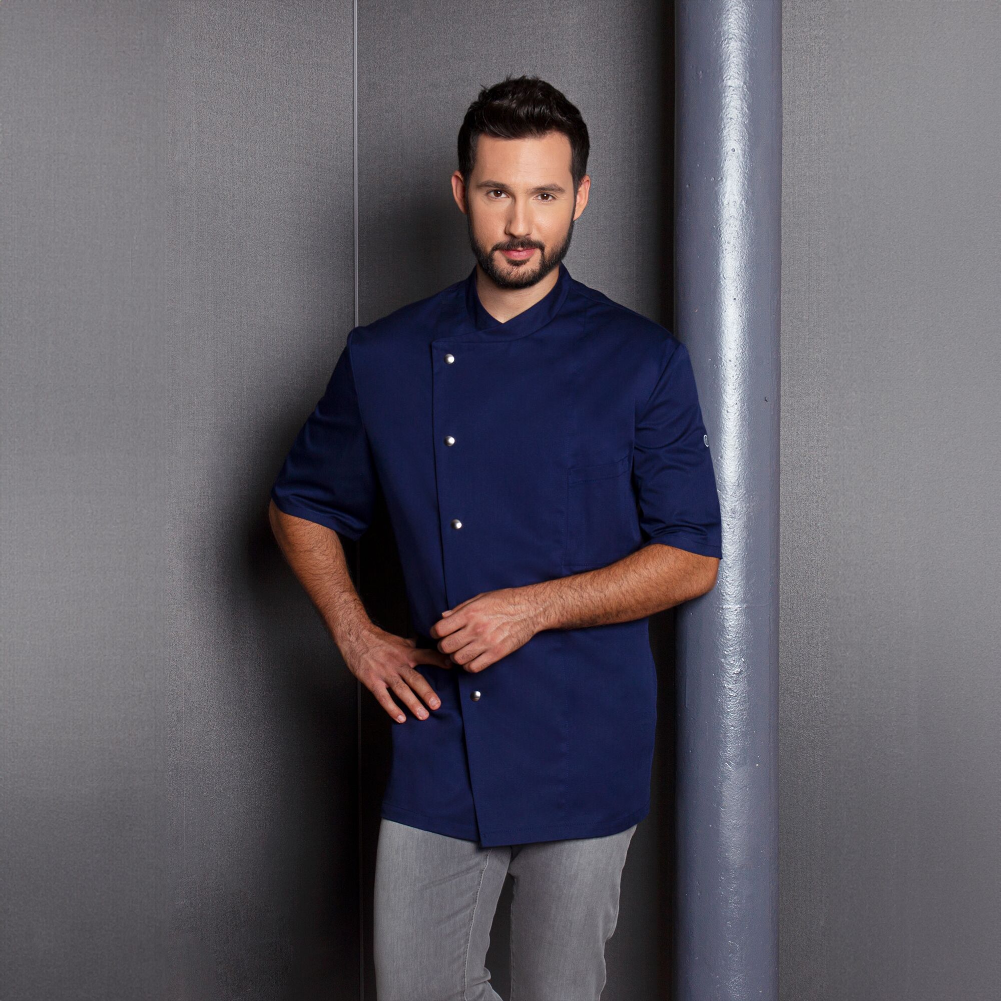 KARLOWSKY | Gustav Men's Chef Jacket – Short Sleeve - Marine Blue - Size 48 - Press-Stud Closure