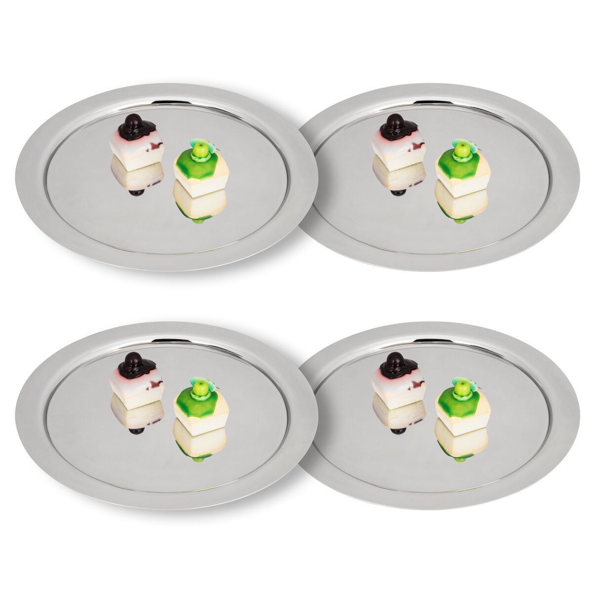 (4 pcs) Plateau de présentation - Acier inoxydable - Ø390mm - poli miroir - avec cloche transparente